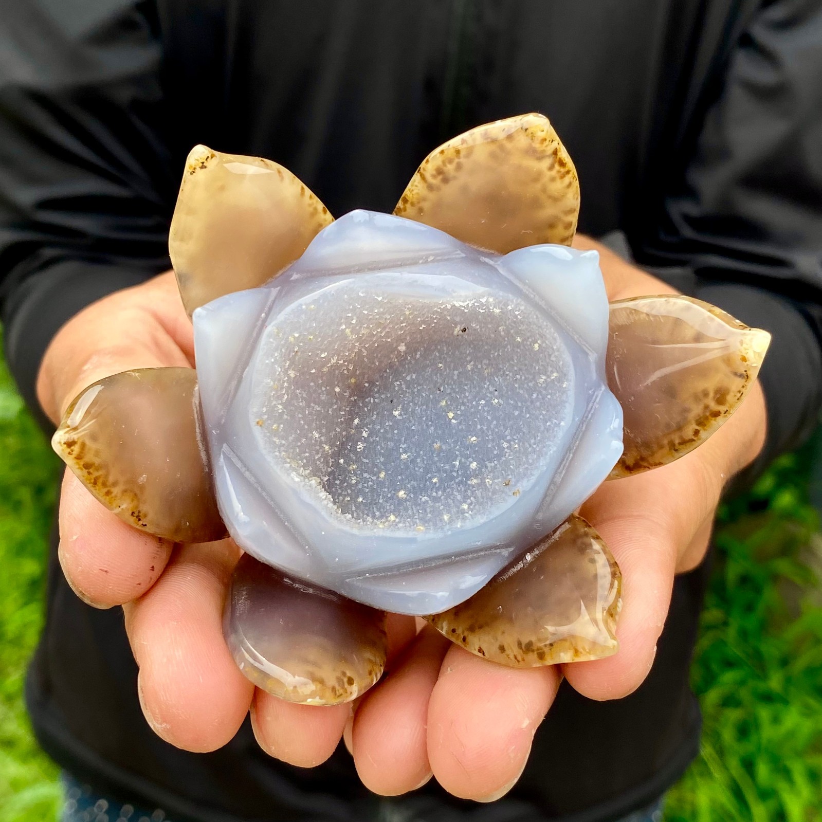 206G Natural Agate Geode Carved Lotus Flower, Hand Carved Healing Crystal Home D