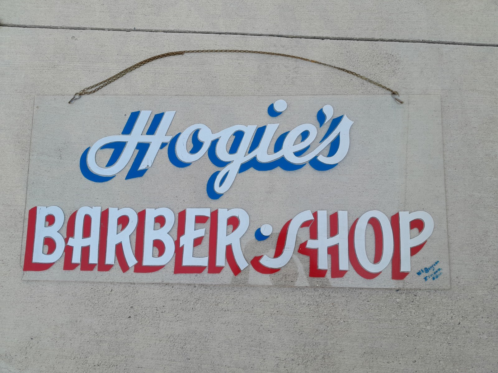 Rare Vintage Retired Mid Century Hogie's Barber Shop Hand Painted Sign 44x20