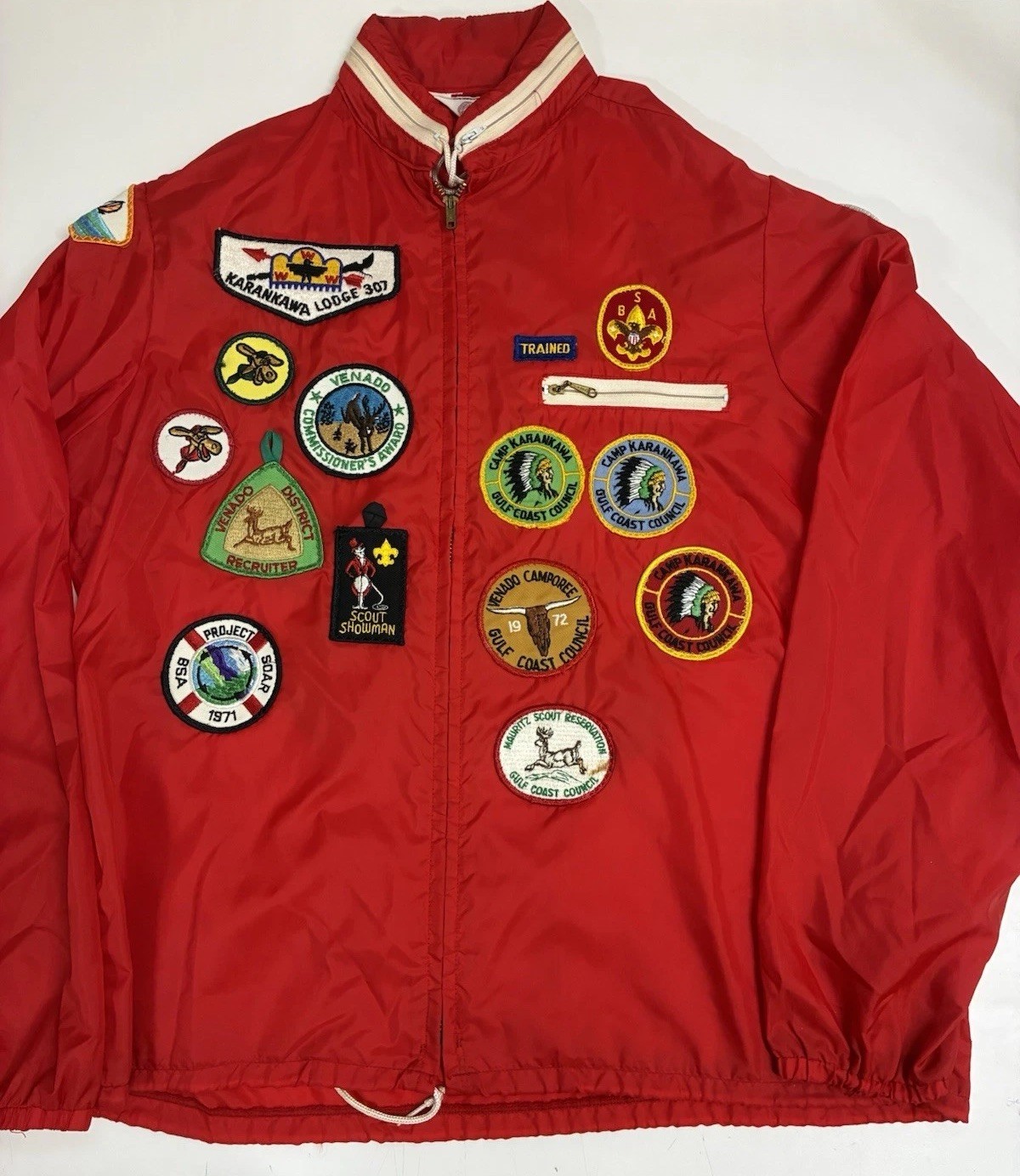 Vintage 70\'s BSA Boy Scout Windbreaker Jacket 27 Patches Zip Up Hood Men’s Md.