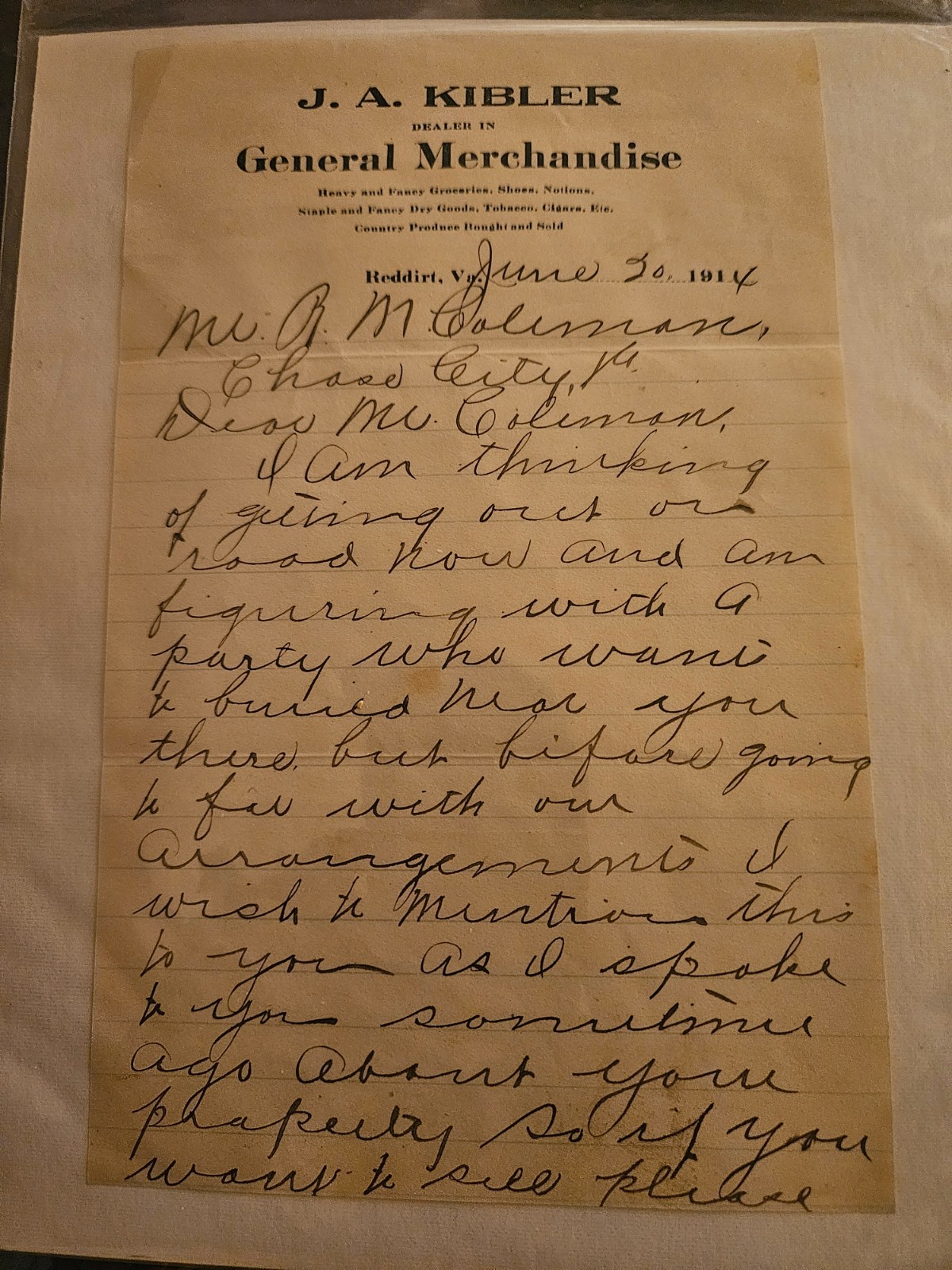 19J A Kibler General Merchandise Red Dirt VA Letterhead Henry Kibler Pioneer