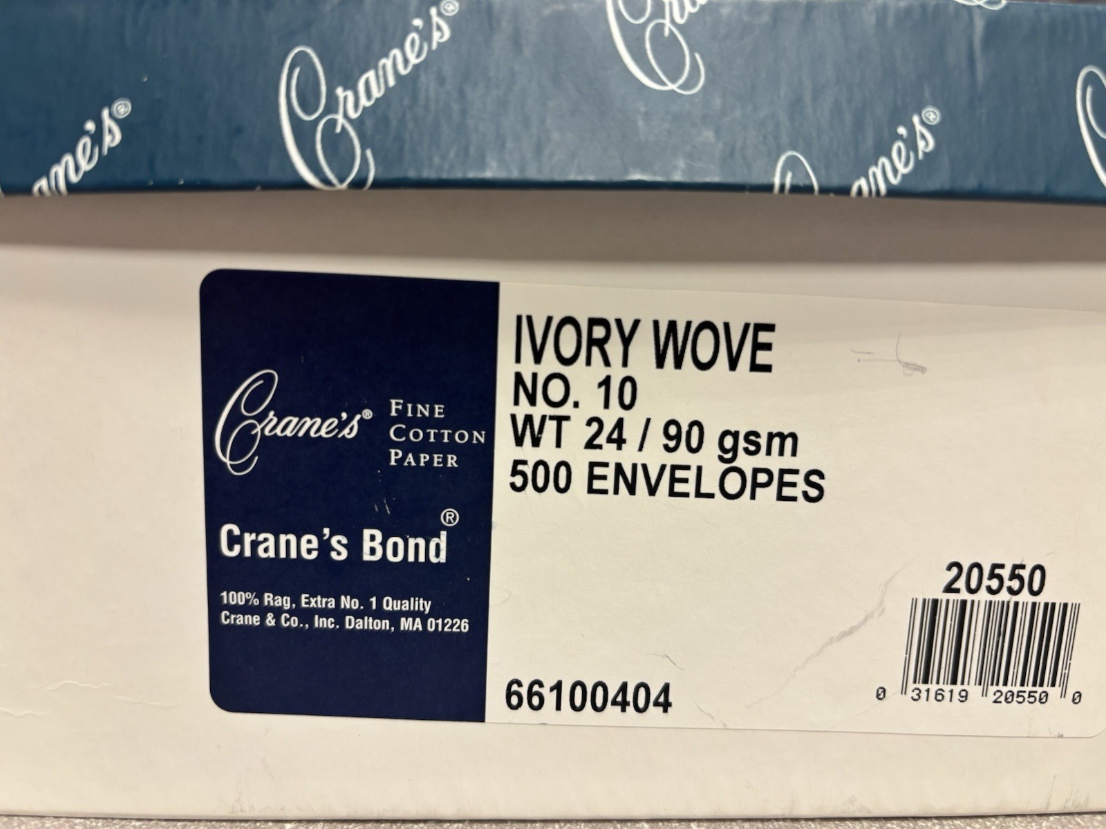 Vintage New NOS Crane’s Bond Ivory Wove 100% Cotton No. 10 Envelopes  Box Of 500