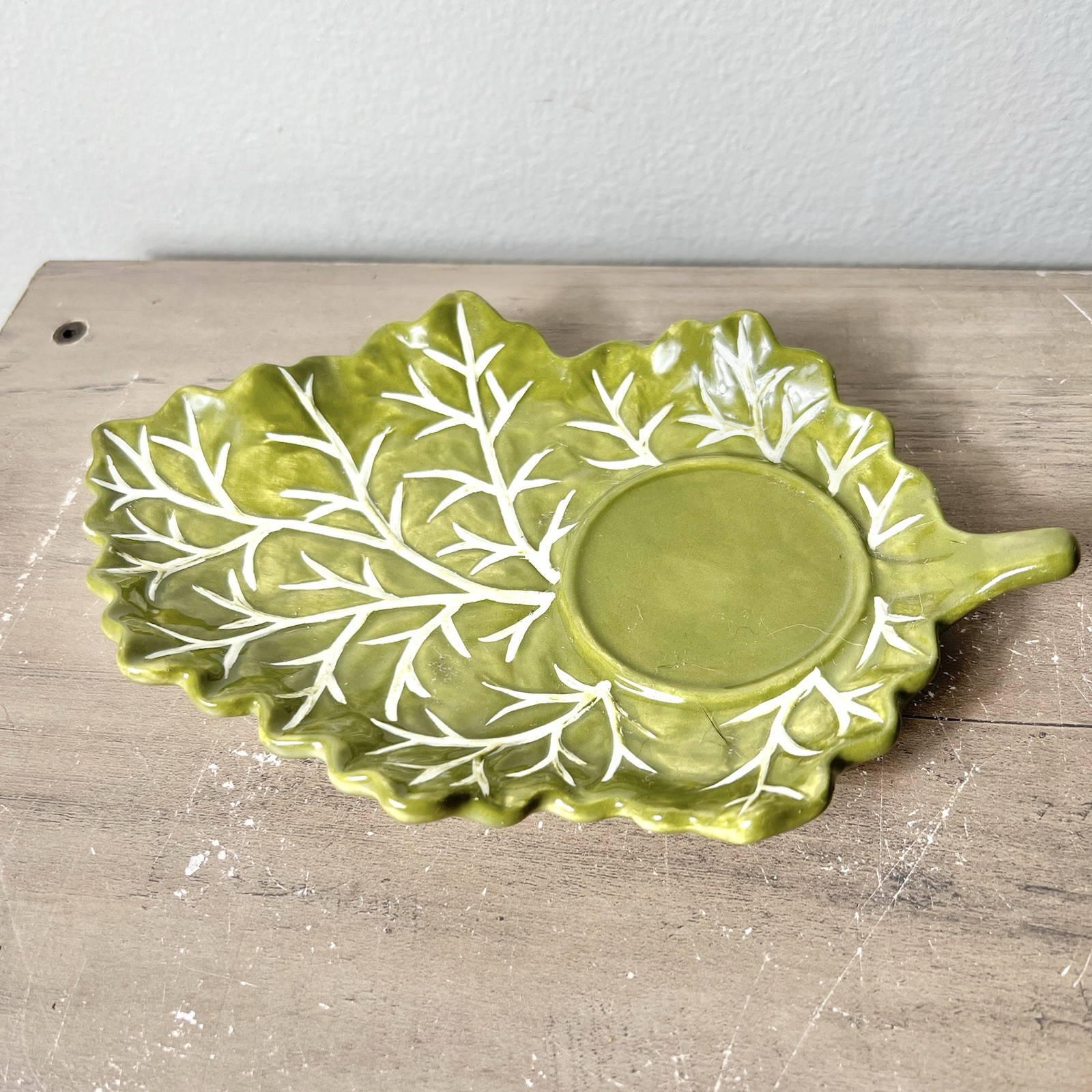 Vintage MWW Market Green Leaf Ceramic Relish Dish Spoon Rest 9.25” x 6”