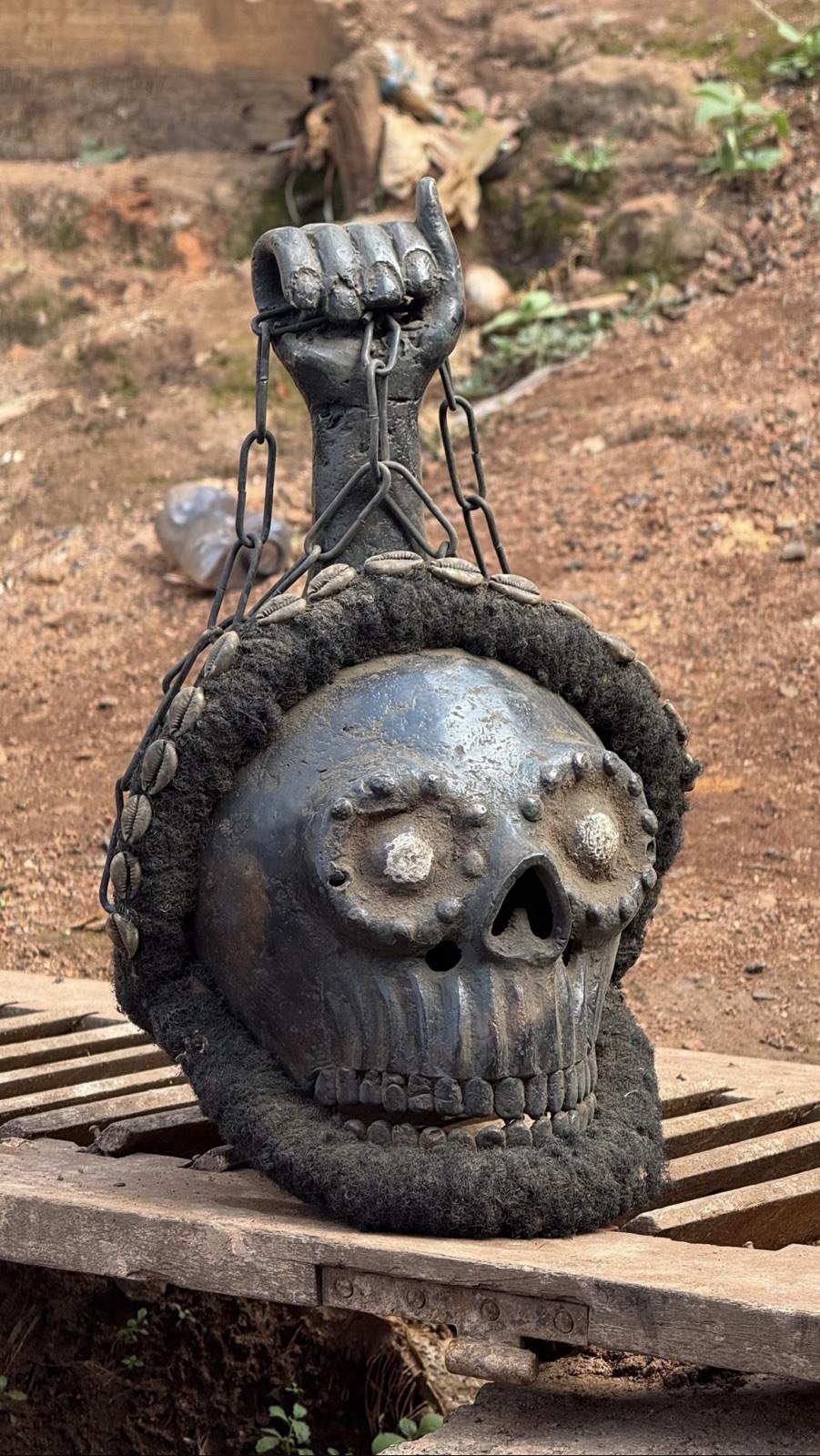 Powerful  African Skull, Hand Holding Chain. 15 “ Inches.