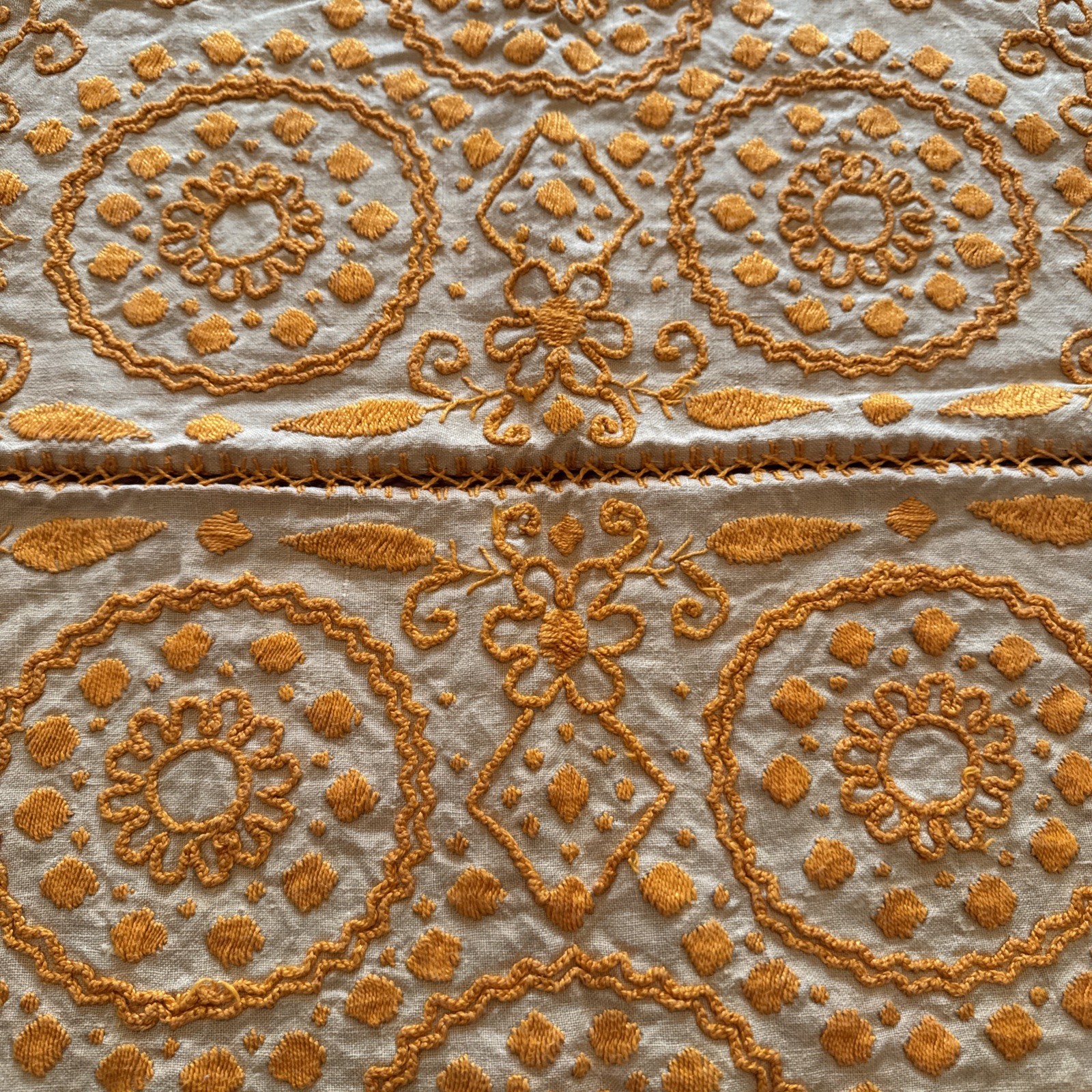 Vtg Linen Goldenrod Table Cloth Orange Embroidery 44”x68” Hand Made