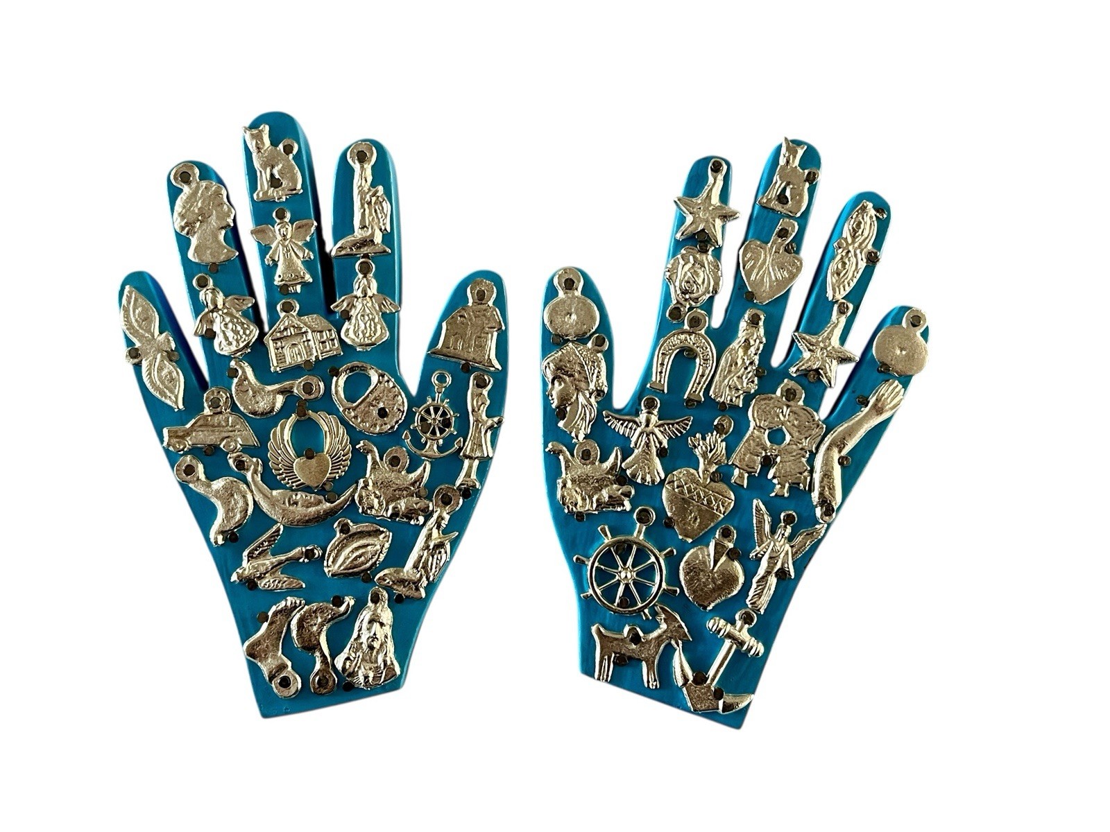 PAIR Mexican MILAGROS HANDS, Set (2) Small Hands With Charms, ExVotos BLUE