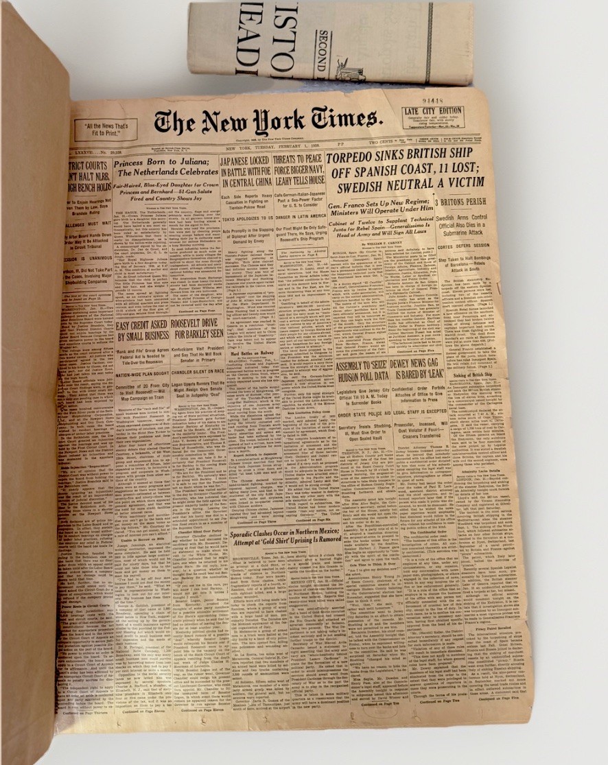 New York Times Newspapers Feb 1938 Bound Archive Volume Library Copy XL HC Book