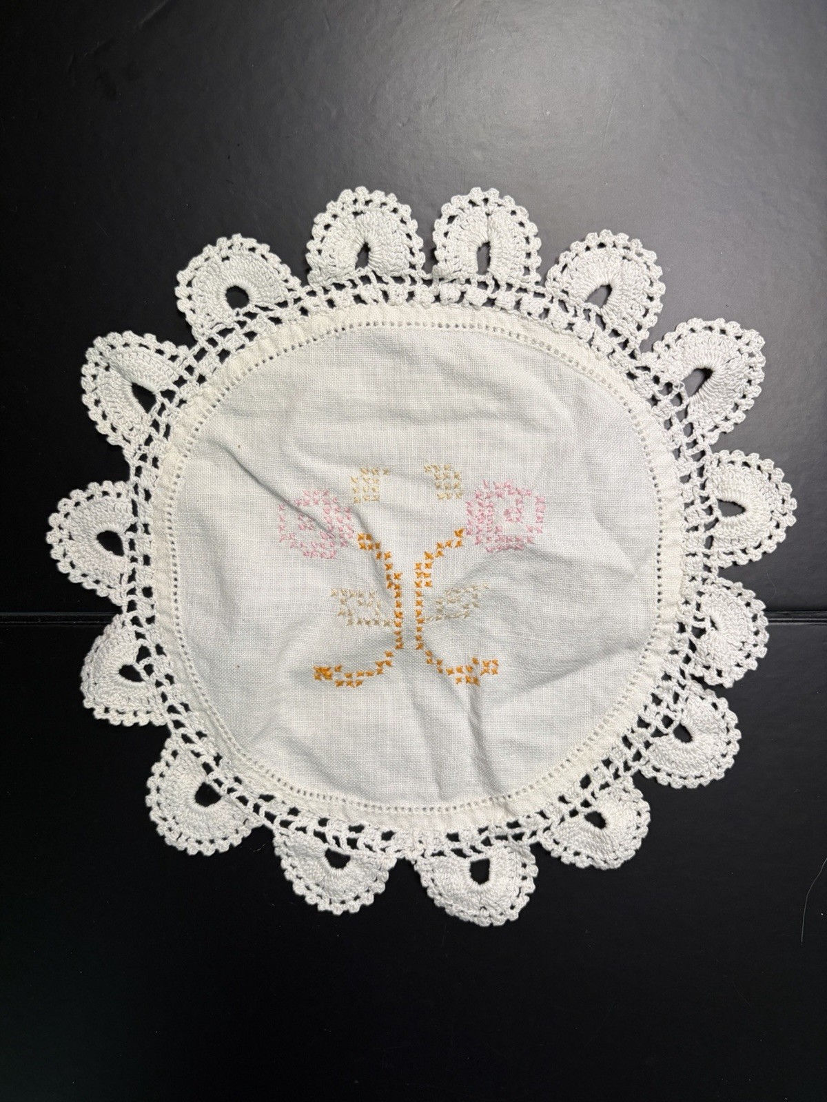 Vintage Handmade Cross Stitch Floral Doily 9” Pink Orange Crochet Lace