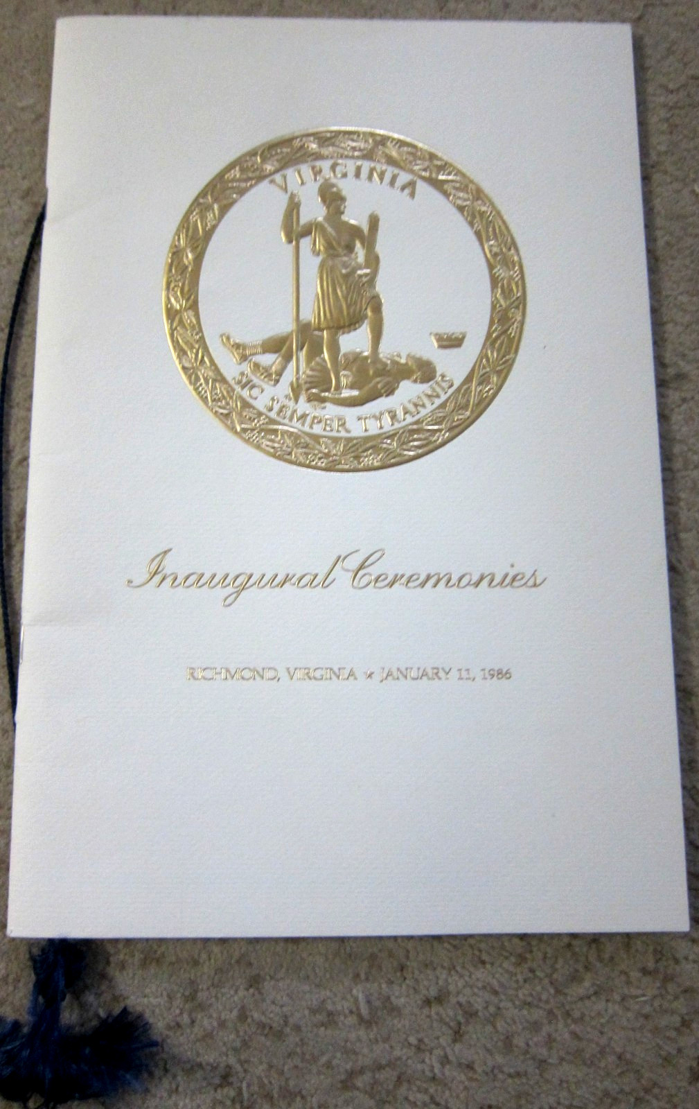 Inaugural Ceremonies Program for Virginia Governor Baliles January 11, 1986...