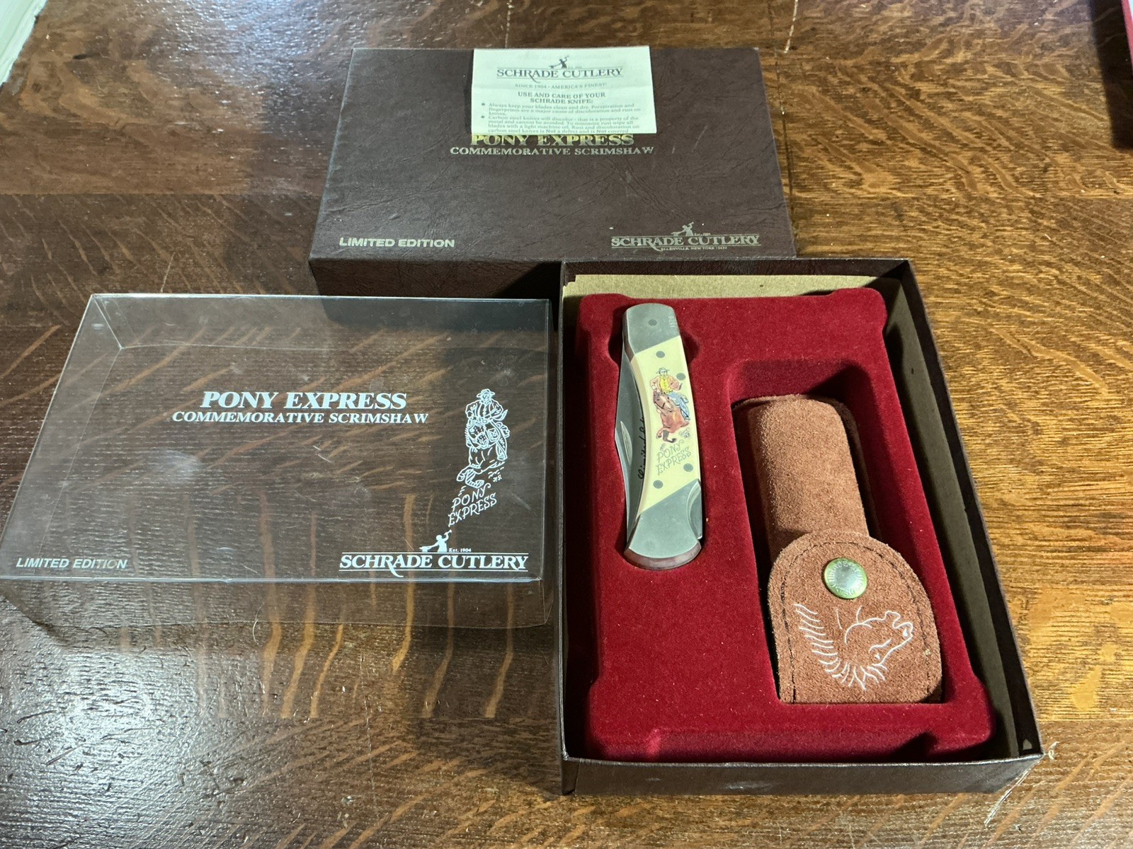 Schrade USA Limited Edition Scrimshaw Commemorative Knife The Pony Express