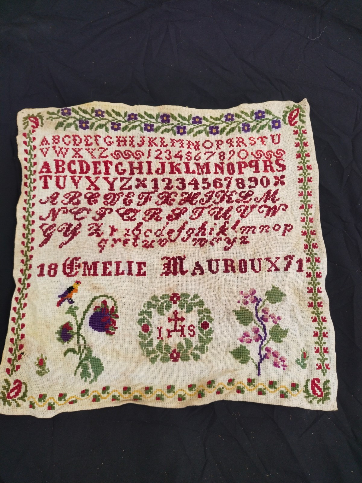 Antique 1871 French Alphabet Cross Stitch Sampler Emelie Mauroux Catholic IHS