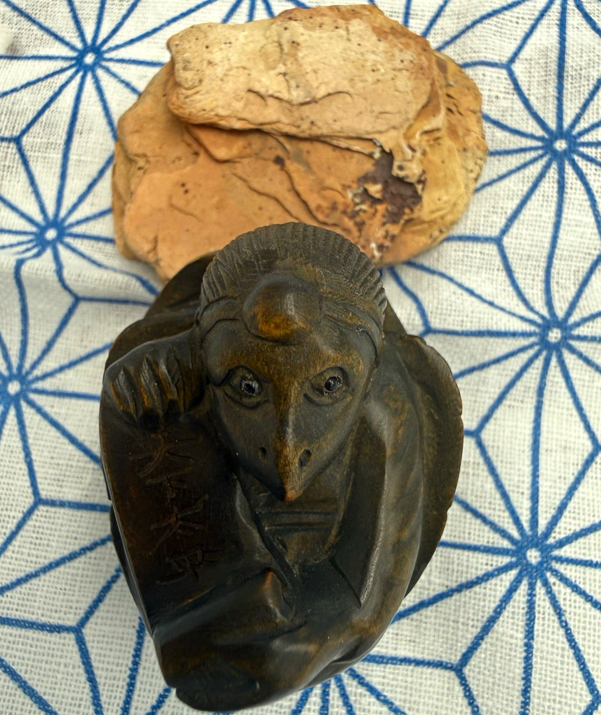Japanese Carved vintage Netsuke-Style Kappa with “peace across the land” scroll