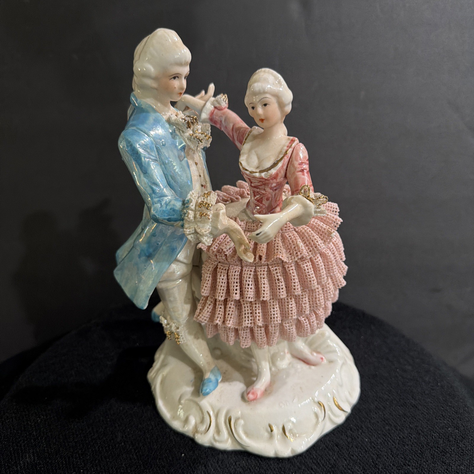 Vintage Porcelain Dancing Couple Figurine Pink Dress Blue Suit Gold Lace 9”
