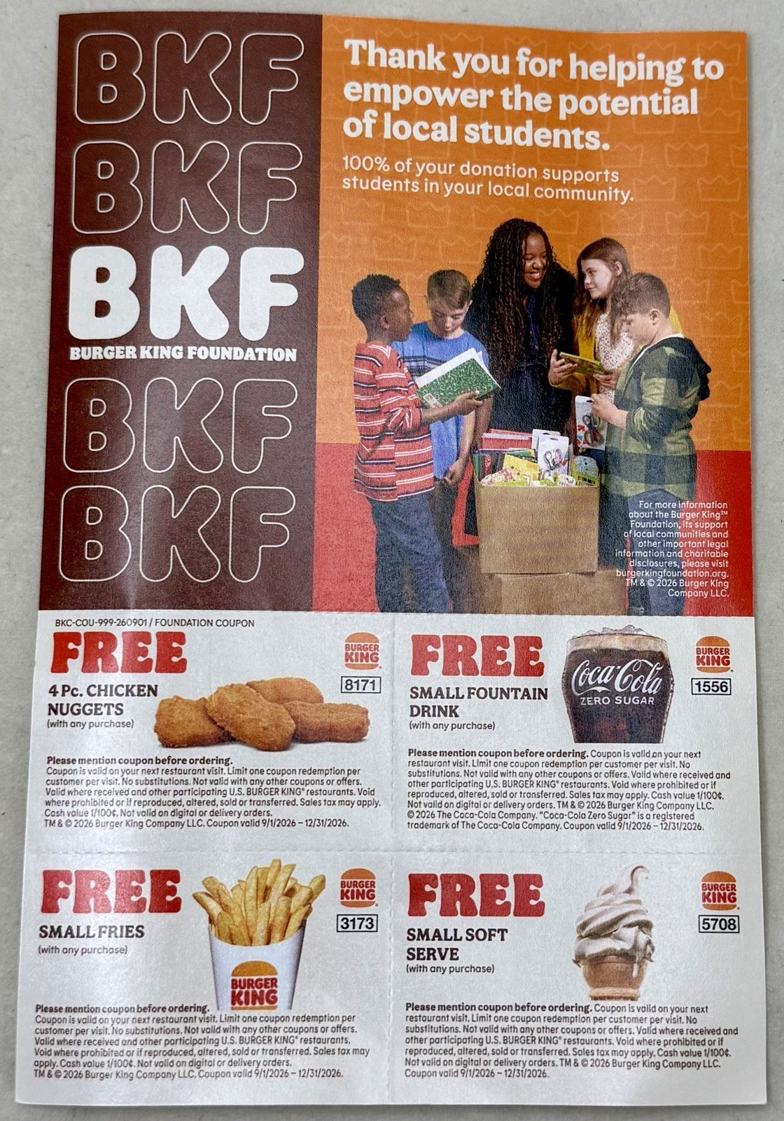 Burger King BK Foundation Fast Food Discount Value Paper Coupons EXP 12/31/2026