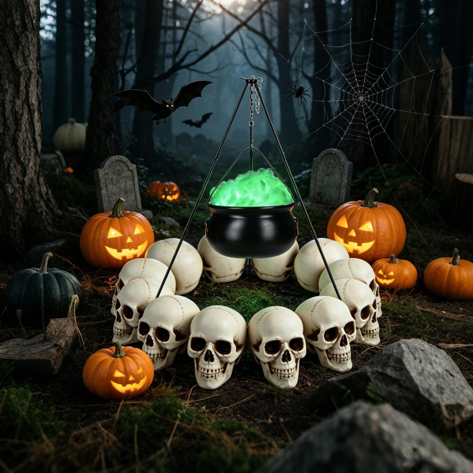 Yescom 12PCS Life-Size Skulls with Cauldron Tripod LED Lights Halloween Decor