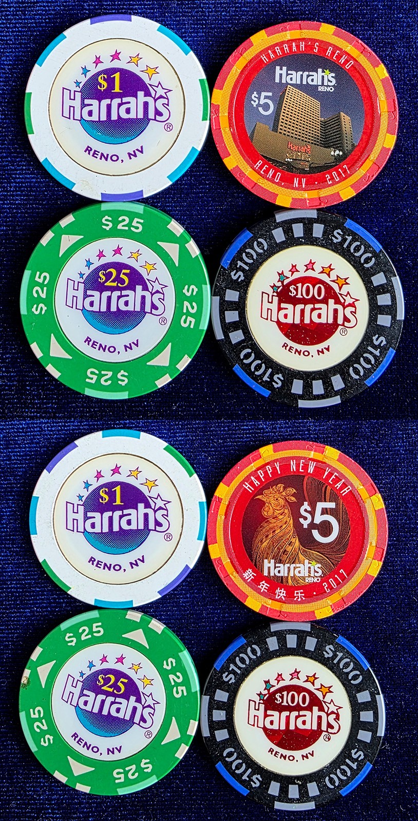 Set Of Harrah\'s Casino Reno Nevada $1 $5 $25 $100 Chips