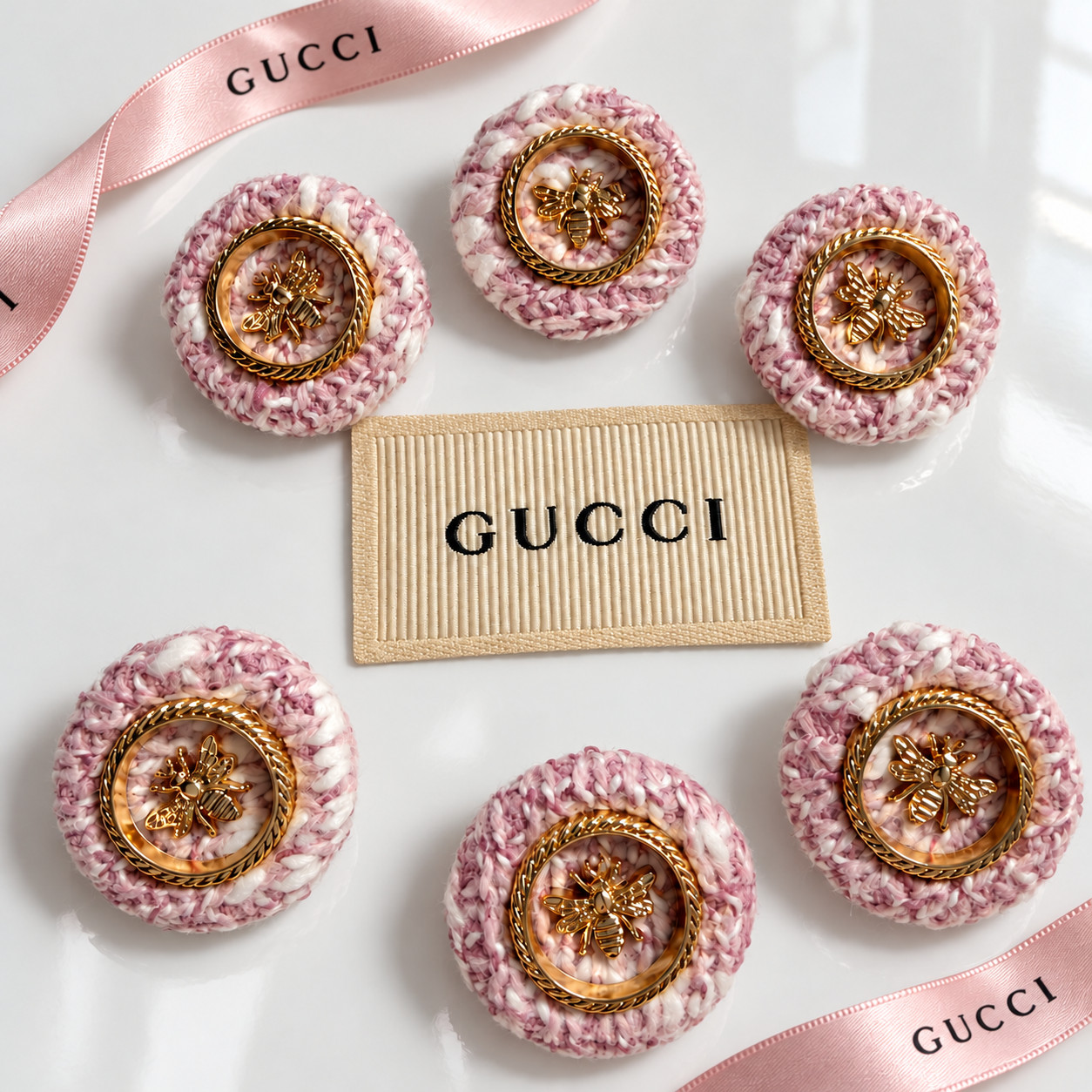 6 GUCCI Bee Tweed Fabric Covered Buttons 22mm Pink Gold + Woven Label