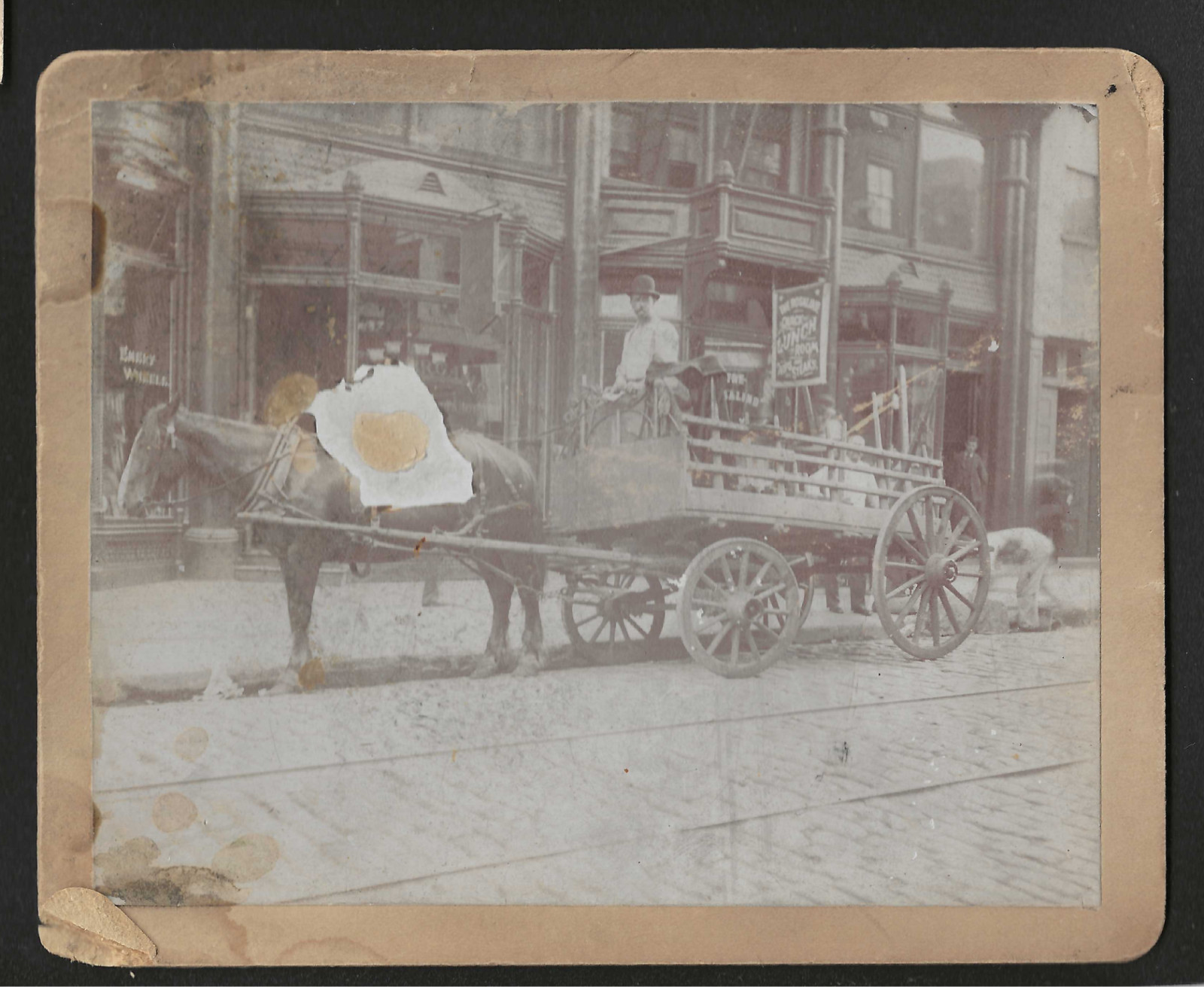 Antique Photo Delivery Wagon Horse Street Scene Lunch Room Emery Wheels Sign