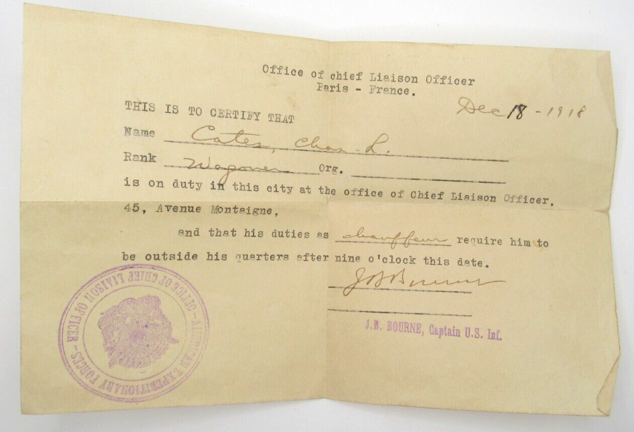 1918 Office of chief Liaison Officer Paris France, duty papers