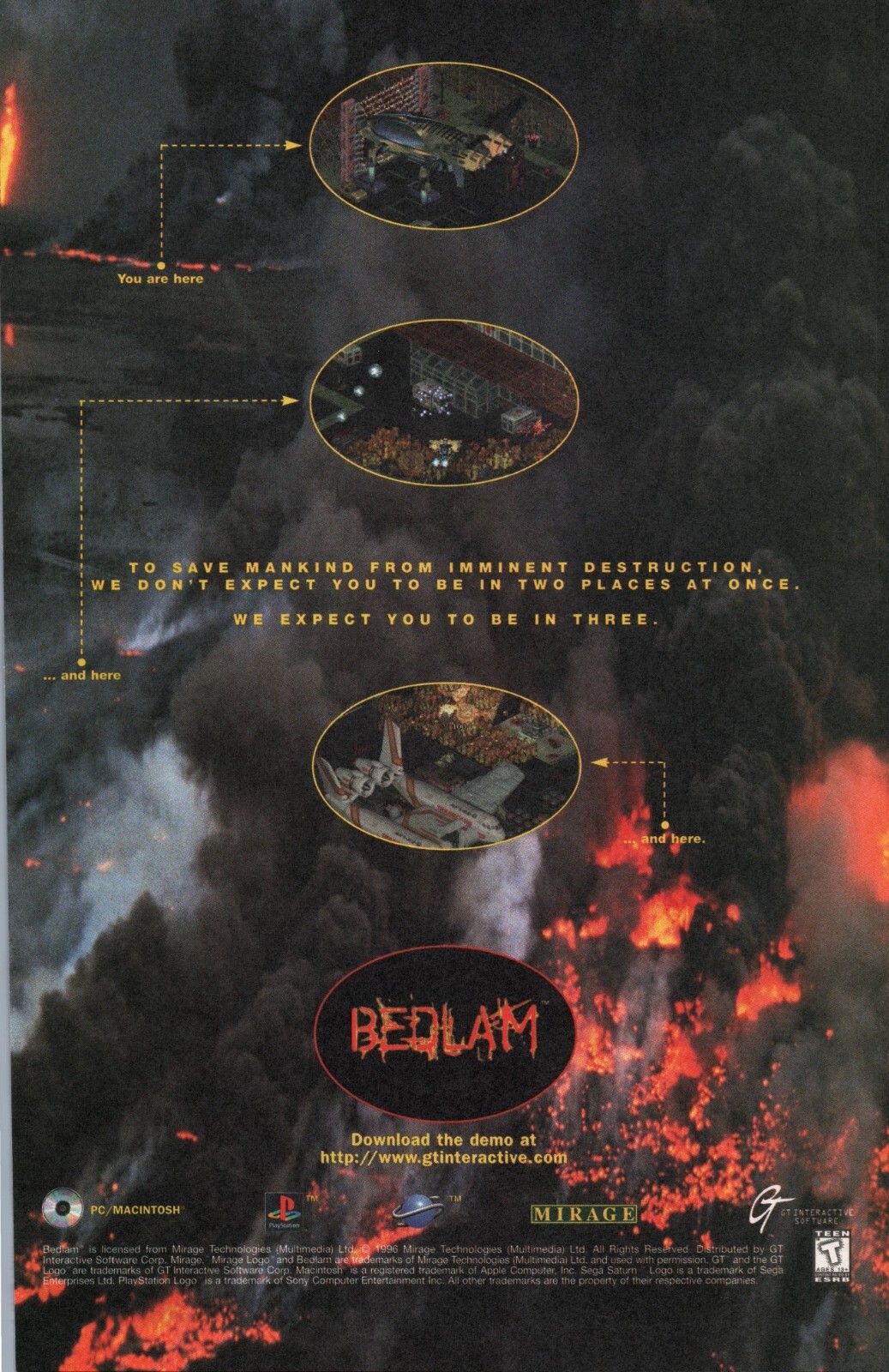VINTAGE ADVERTISING BEDLAM ACTION PACKED VIDEO GAME BY GT INTERACTIVE 1996