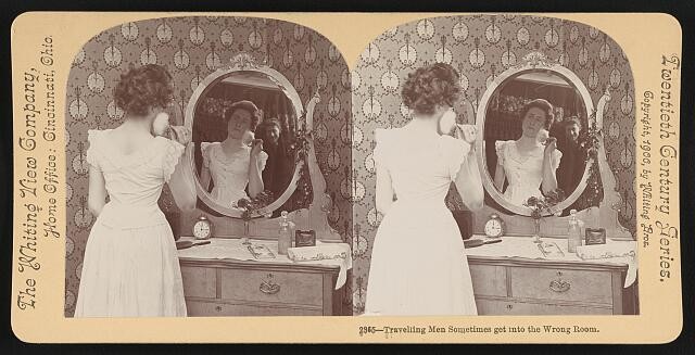 1900 Traveling Men Sometimes Get into the Wrong Room Stereograph Woman Mirror