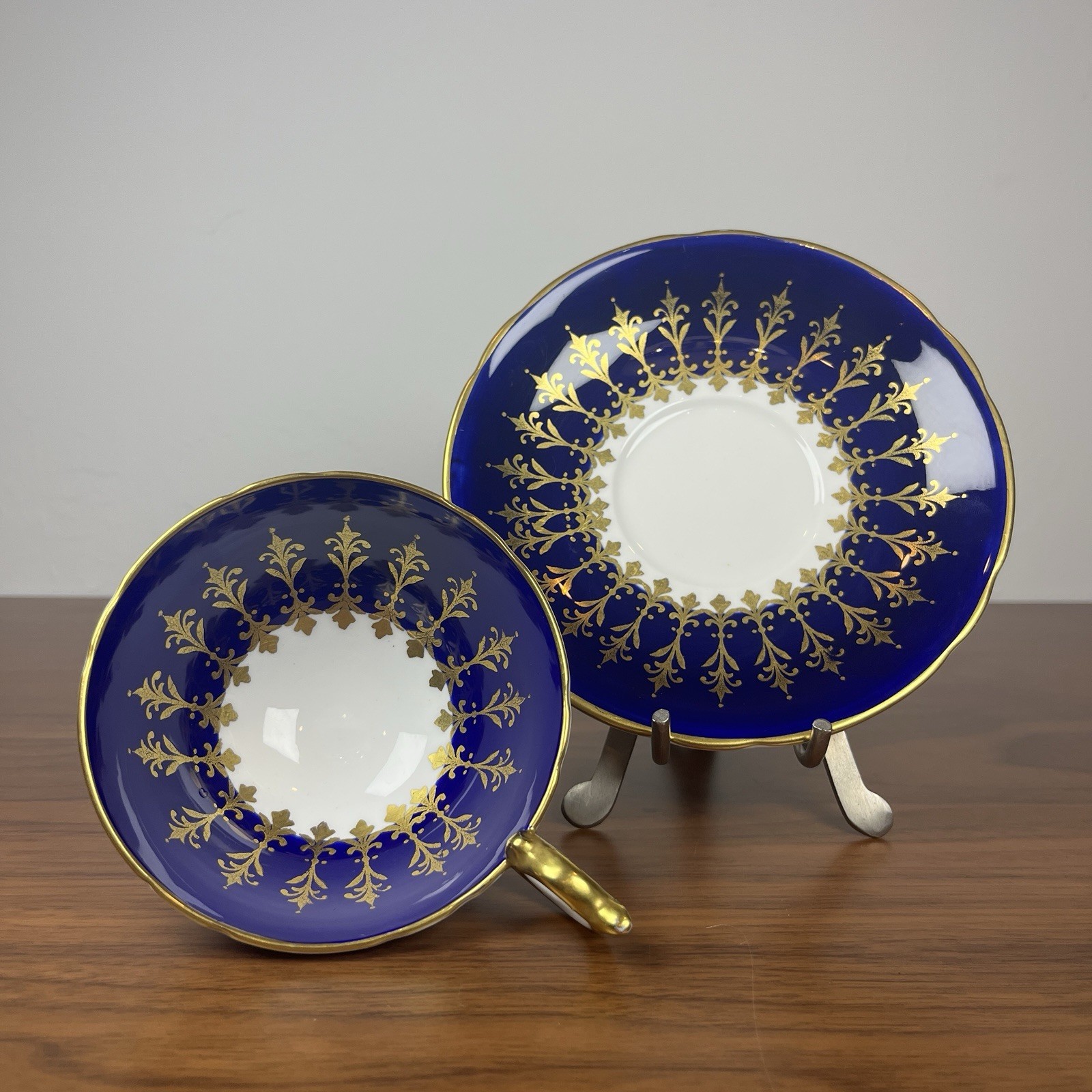 Aynsley Cobalt Blue Gold Filigree Teacup Saucer Fine Bone China 26 Mint UK Rare