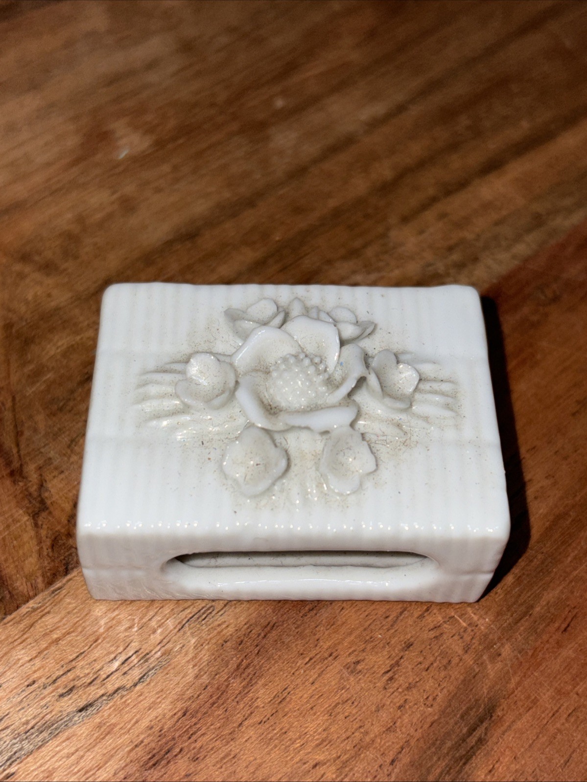Vintage White Porcelain Match Box Holder With Applied Flowers 1 7/8”x 1 3/8”