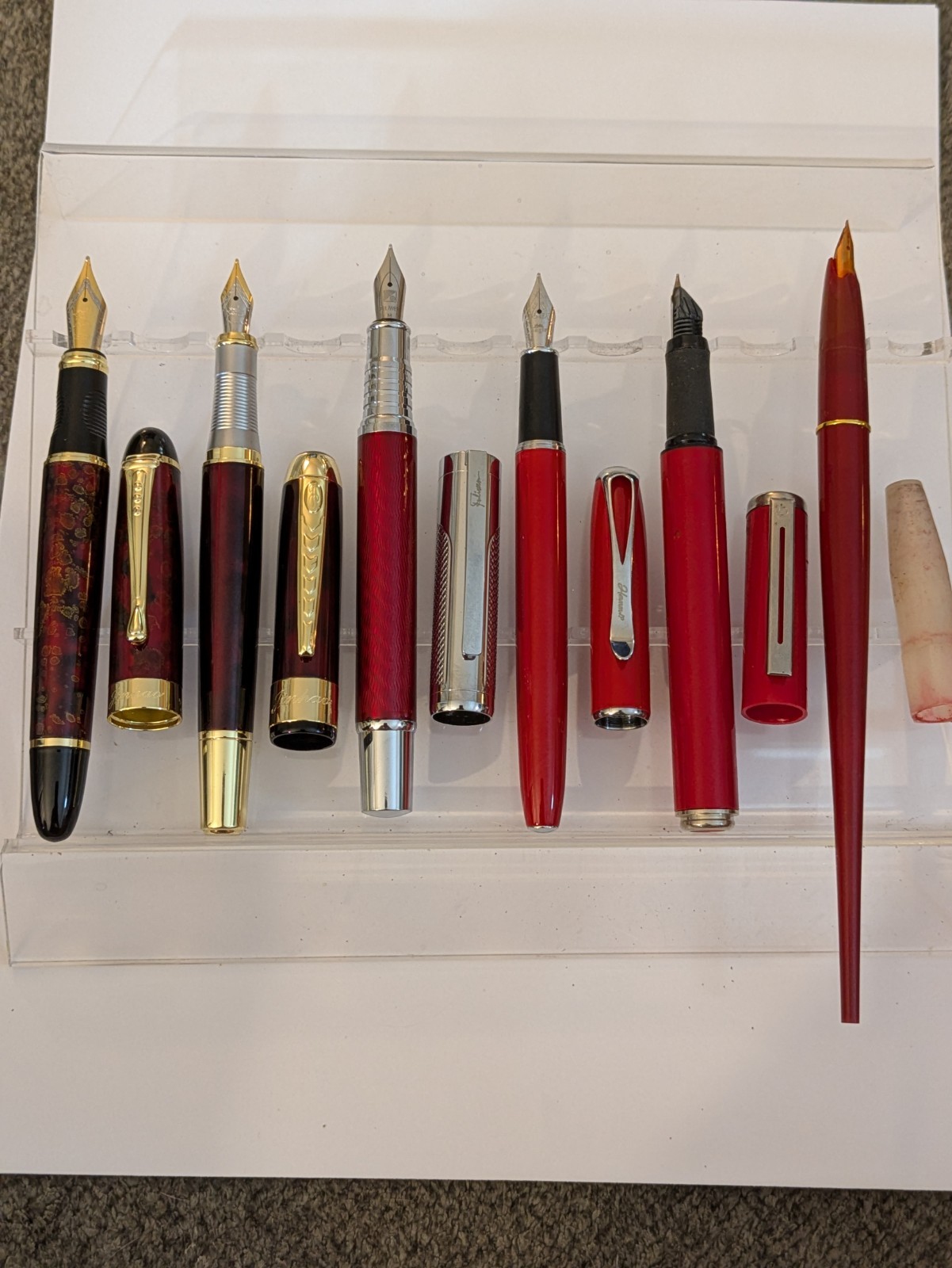 Vtg 6x Red Fountain Pen Lot - Steel Nibs - Fuliwen Platinum 