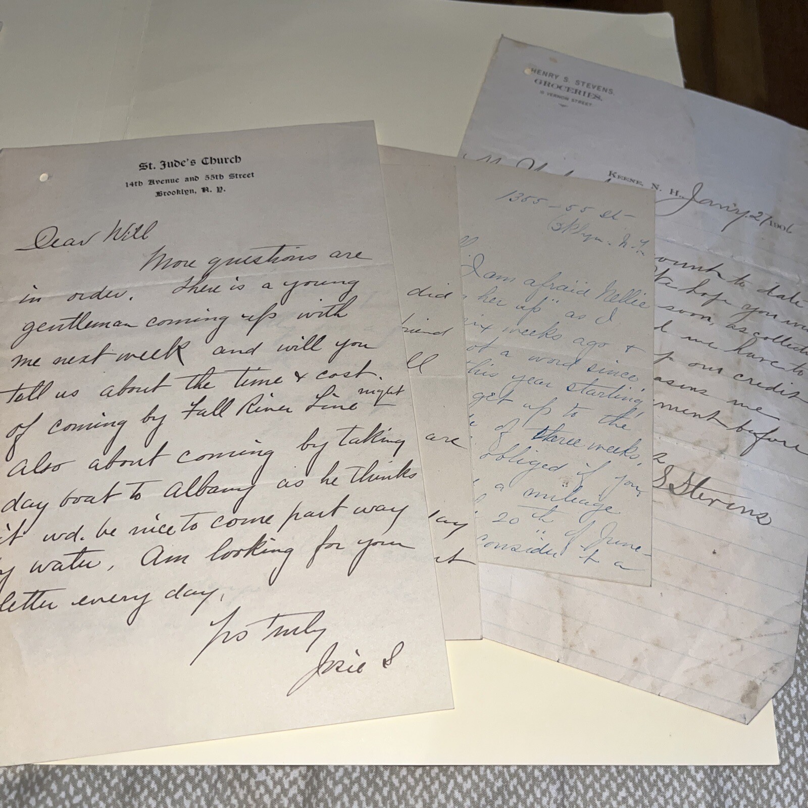 Antique Letters 1906: St Jude’s Church Brooklyn NY: Fall River Line Train Travel