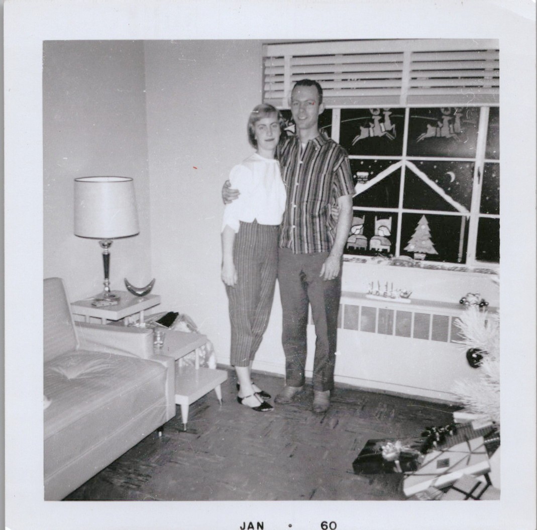 Vtg B&W Snapshot Couple Christmas Window Decorations Rented Furniture 1960