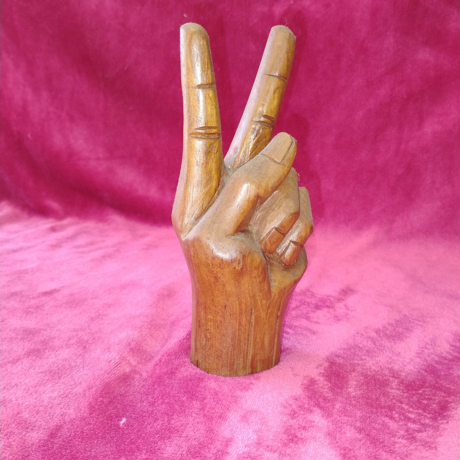 Vintage Hand Carved Wooden Hand Sculpture Figurine Peace Sign, Brown Natural