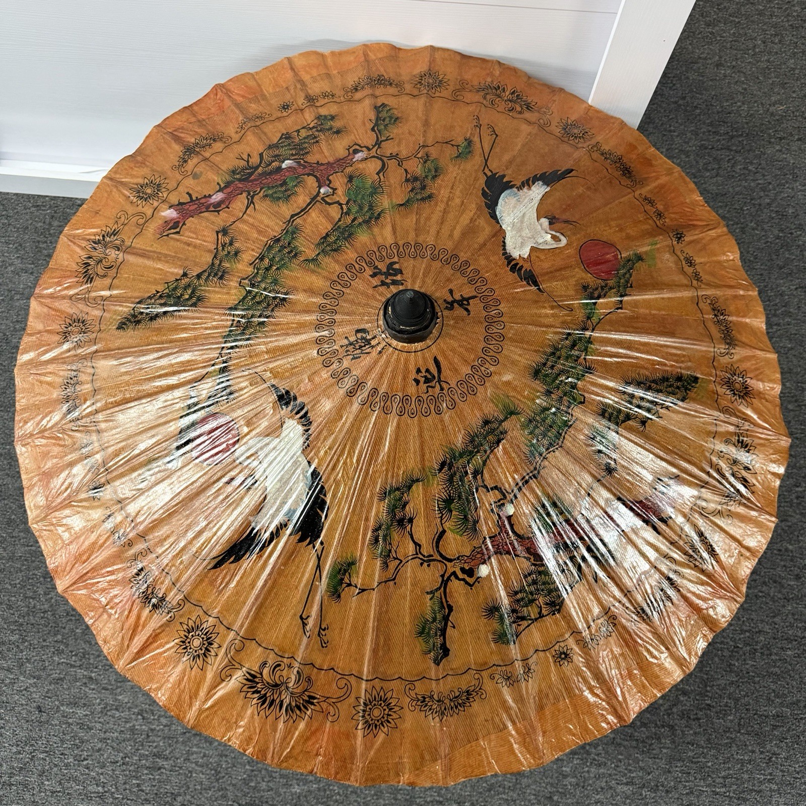 1950s Vintage Japanese Bamboo & Rice Paper Parasol Oiled Artwork Umbrella