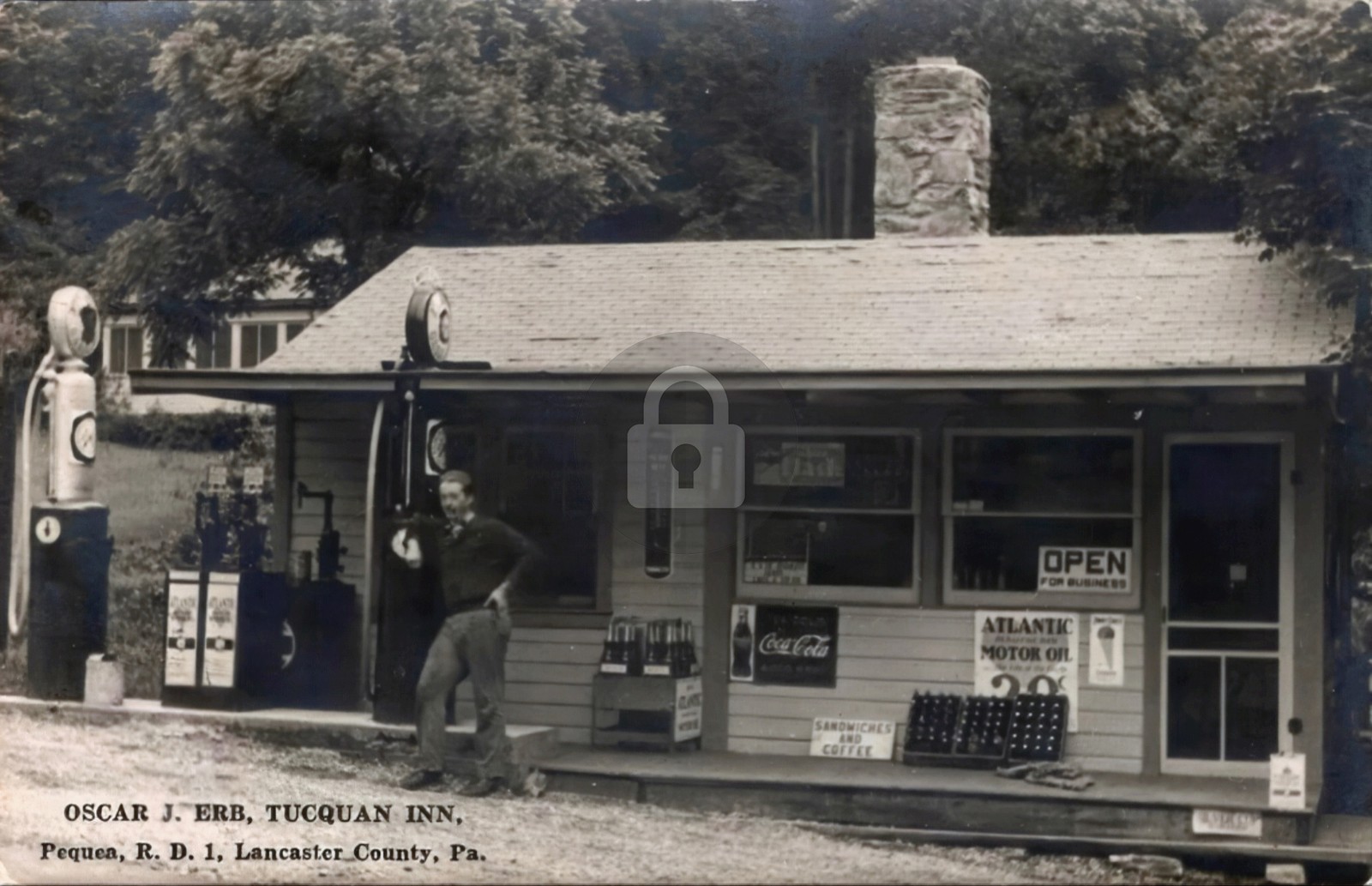 Pequea PA Roadside Inn Hotel Gas Pumps Coca Cola RPPC Postcard COPY