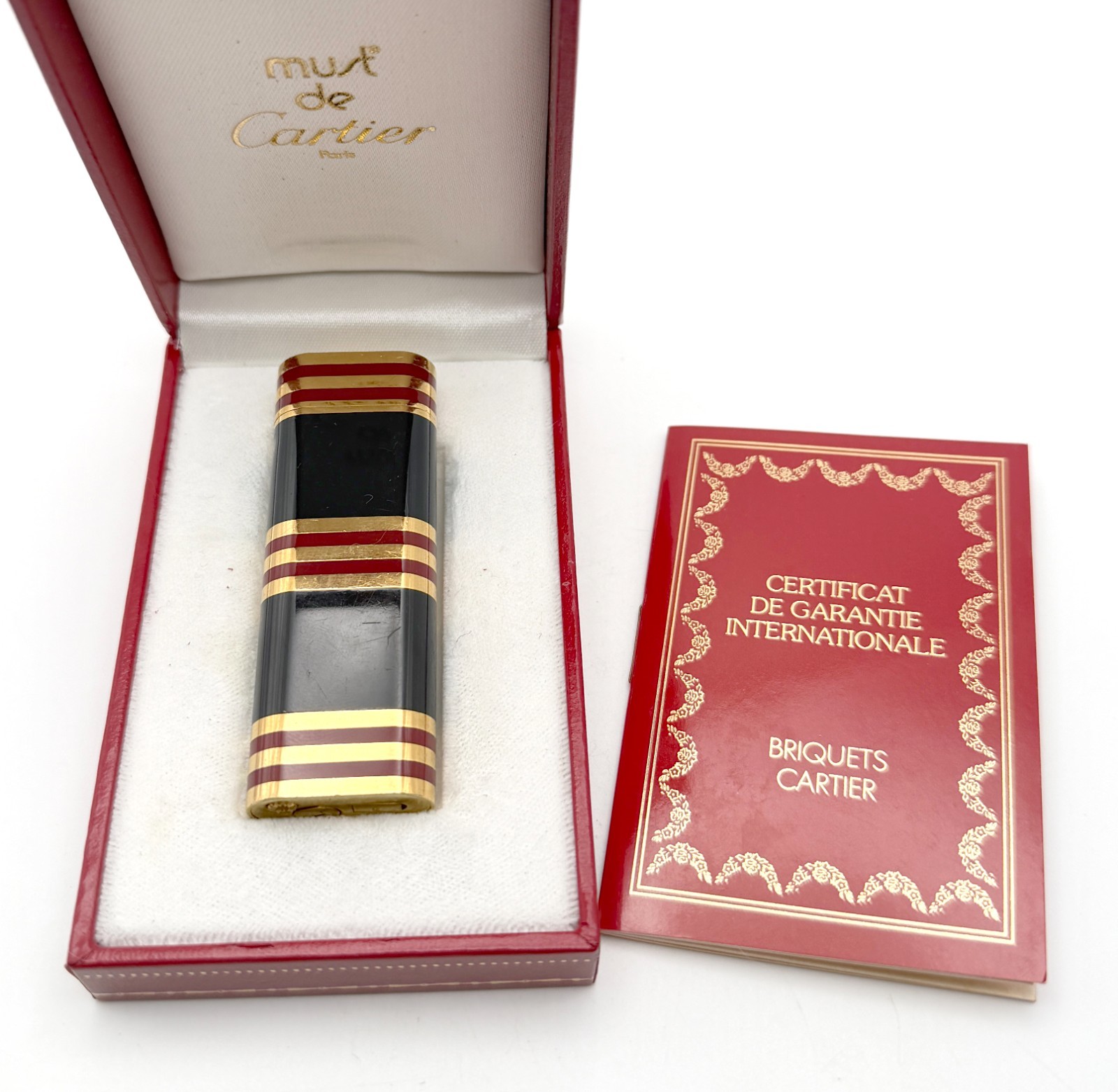 Vintage Gold Plated Red Blue Lacquer Must de Cartier Lighter in Box **Working**