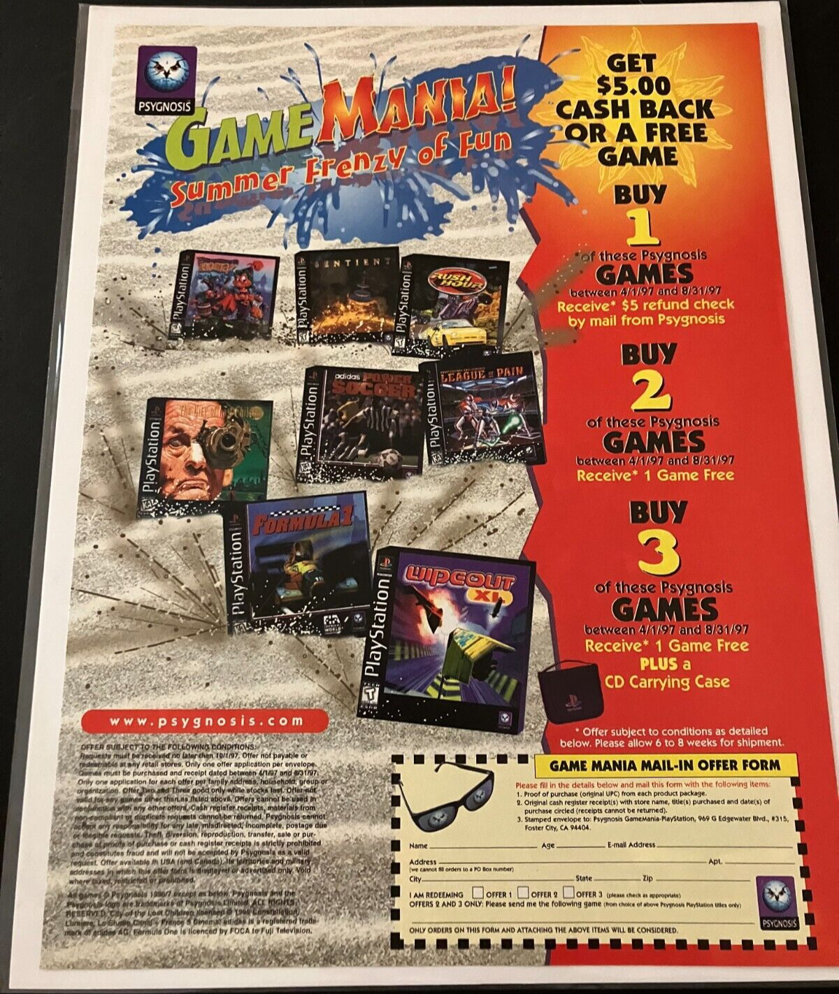 Psygnosis / Formula 1 / WipeOut XL - Vintage Gaming Print Ad / Poster / Wall Art