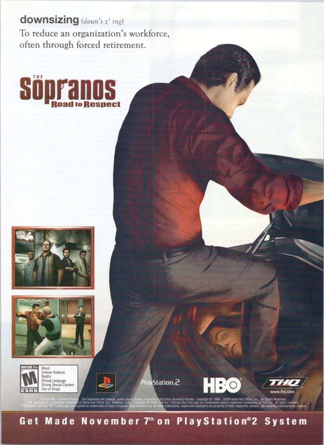 THQ The Sopranos Road to Respect PS2 Video Game Print Ad 2006