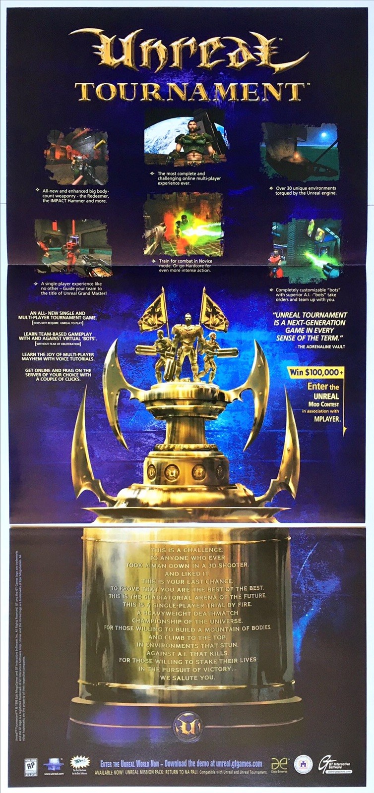 Unreal Tournament - PC Game - Vintage Original Fold Out Poster Promo Art 1999