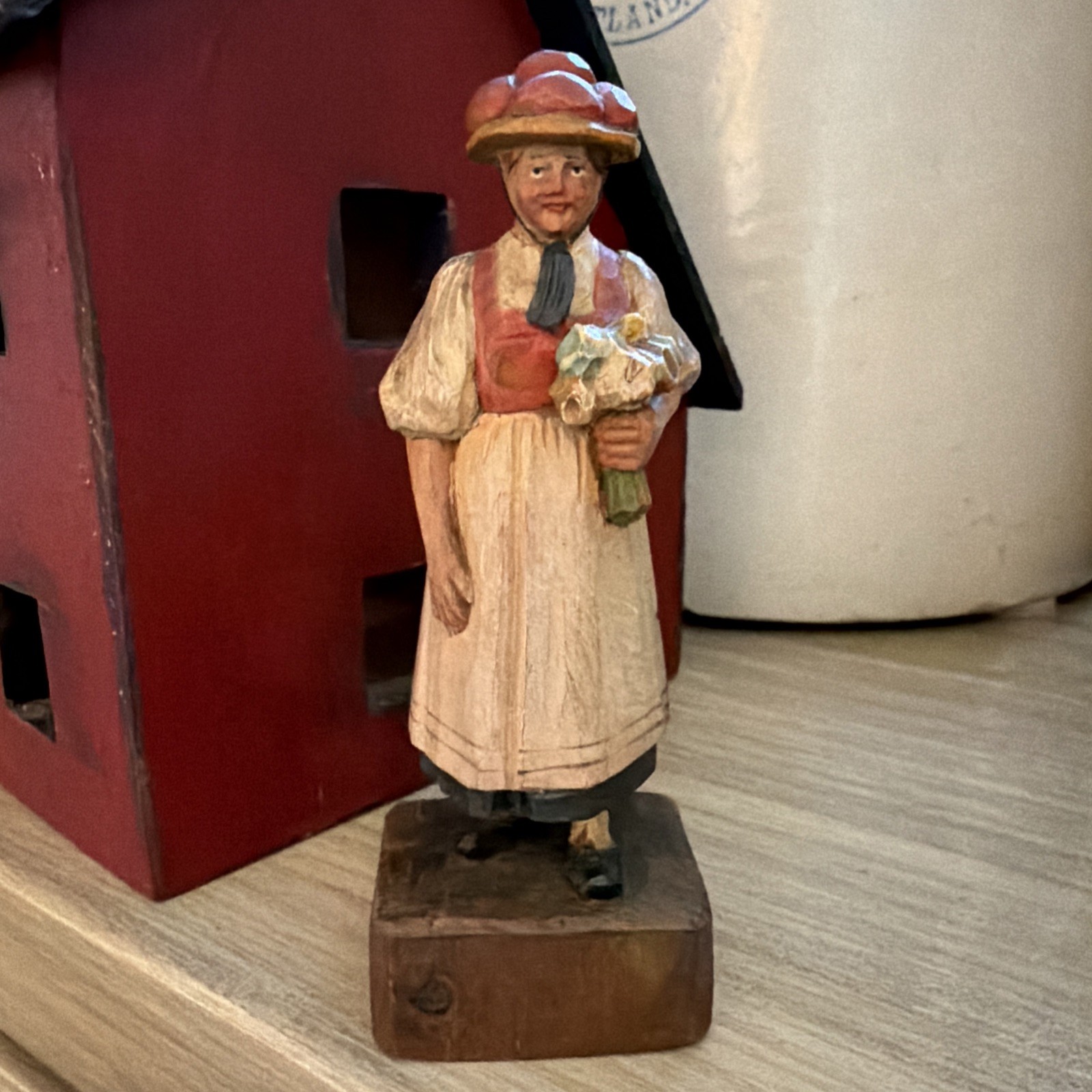 VTG ANRI Style Hand Carved Wood Figurine Tyrolean Woman with Flowers Folk Art