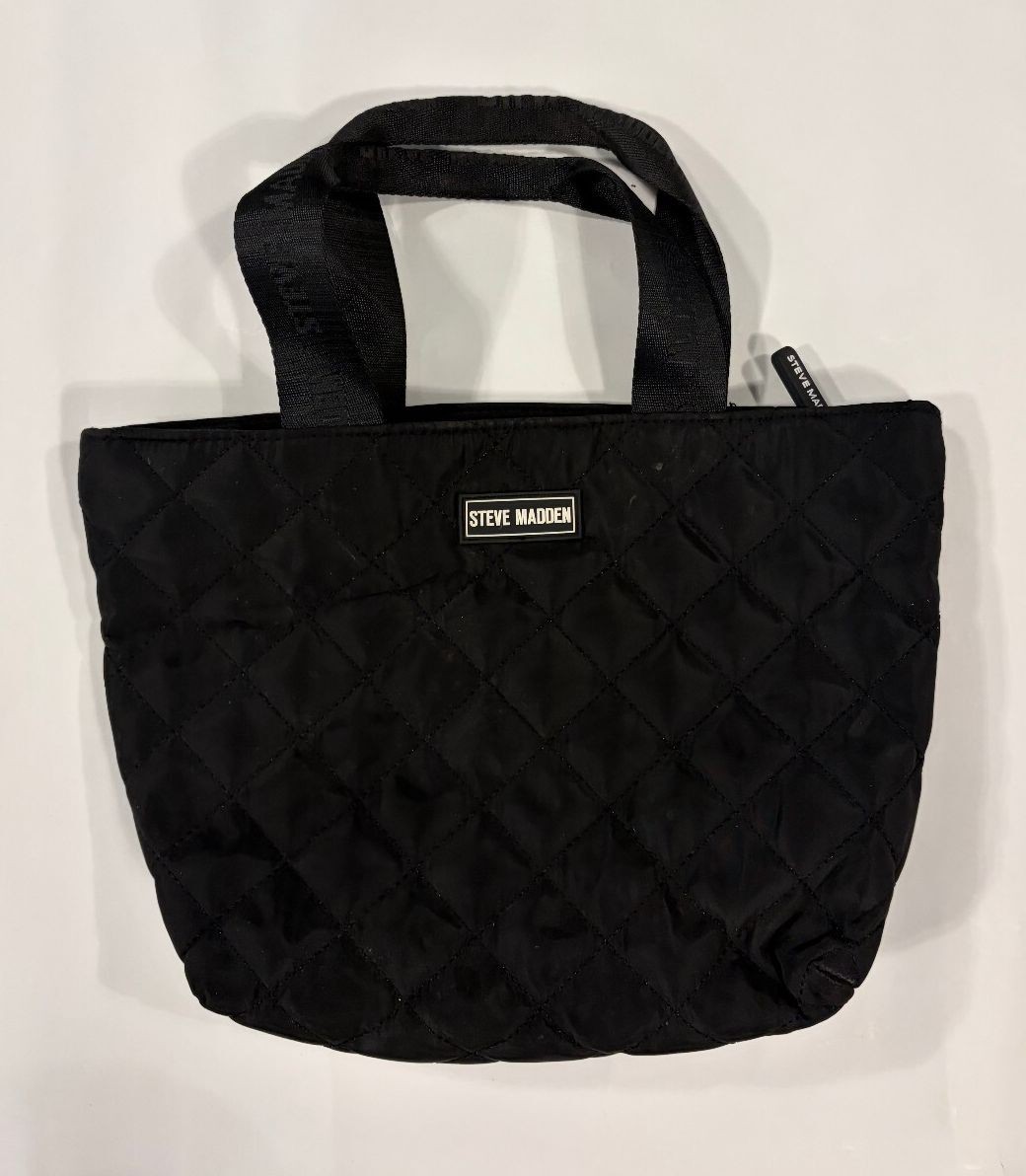 Steve Madden Black Quilted Nylon Mini Tote Bag Handbag Zip Top Logo