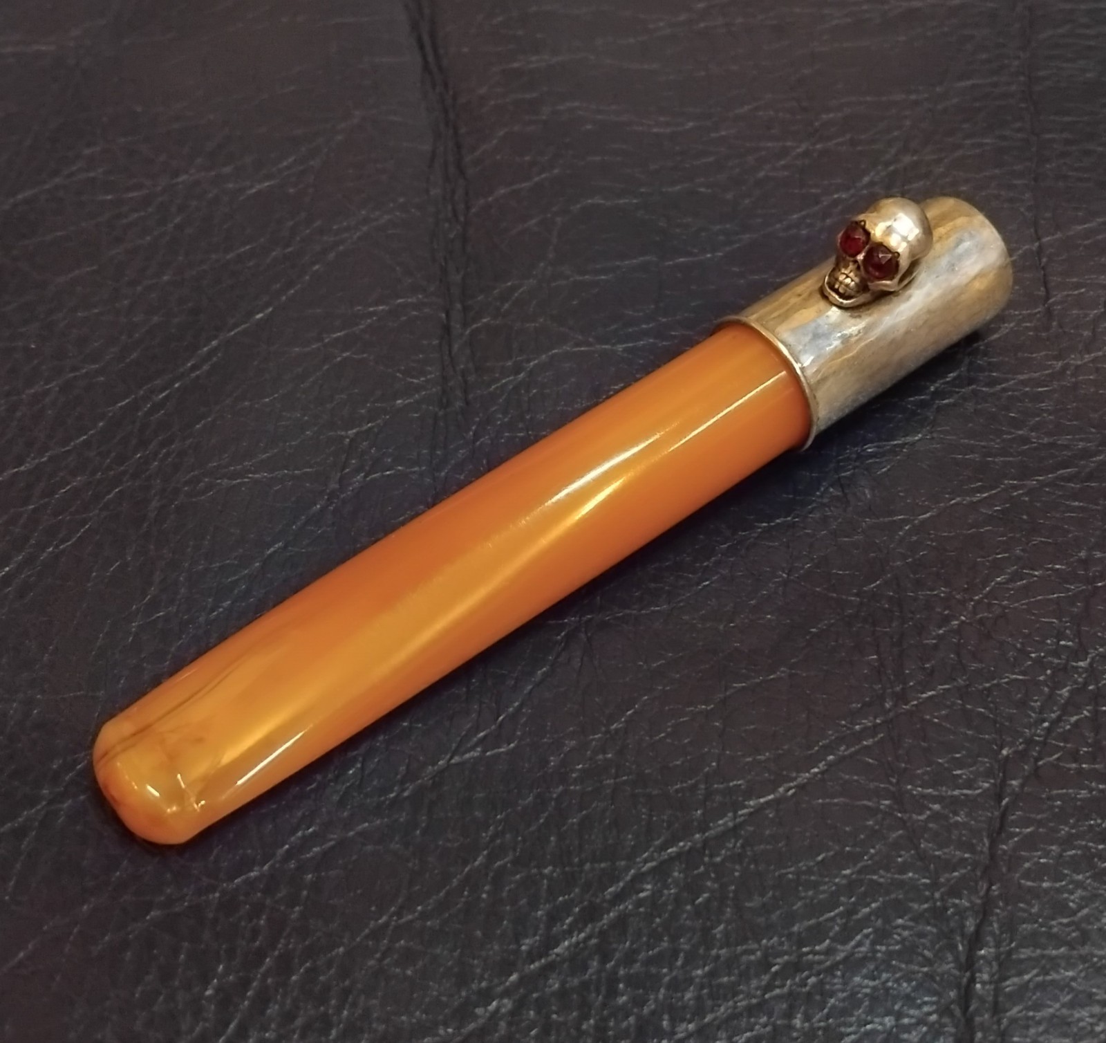 ANTIQUE VICTORIAN MEMENTO MORI CIGARETTE HOLDER-SILVER/AMBER BAKELITE-CIRCA 1900