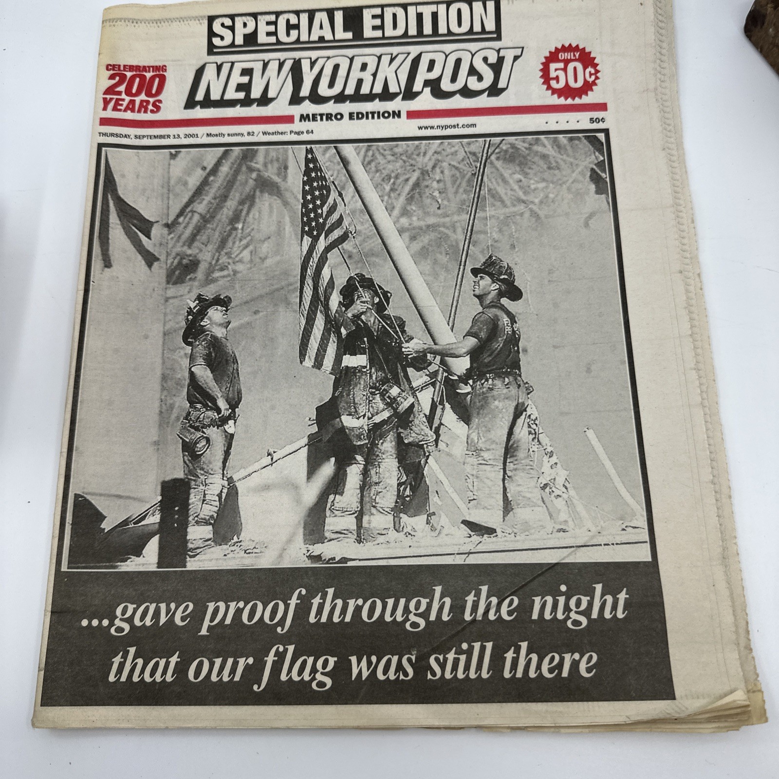 New York Post Sept 13 2001 9/11 Firefighters Raising Flag Newspaper 7-15