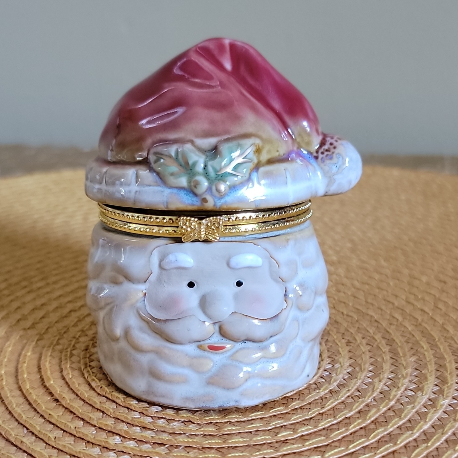VTG Ceramic Santa Claus Face Trinket Jewelry Box Hinged Gold Trim Lid Christmas 