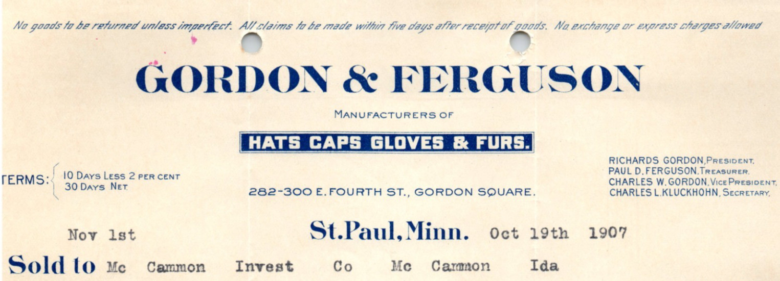 1907 ST PAUL MINN GORDON & FERGUSON HATS CAPS GLOVES FURS INVOICE BILLHEAD Z7821