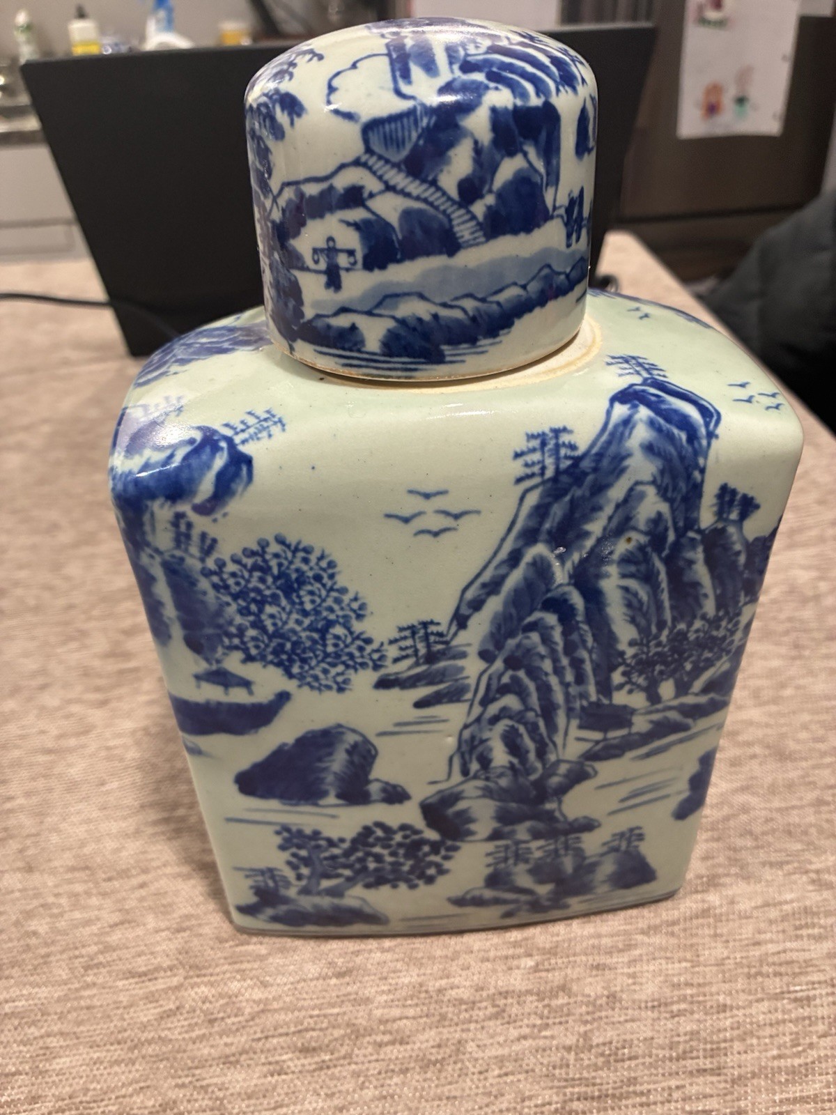 Vintage Chinese BlueWhite Porcelain Square Tea Caddy Jar Landscape Qianlong Mark
