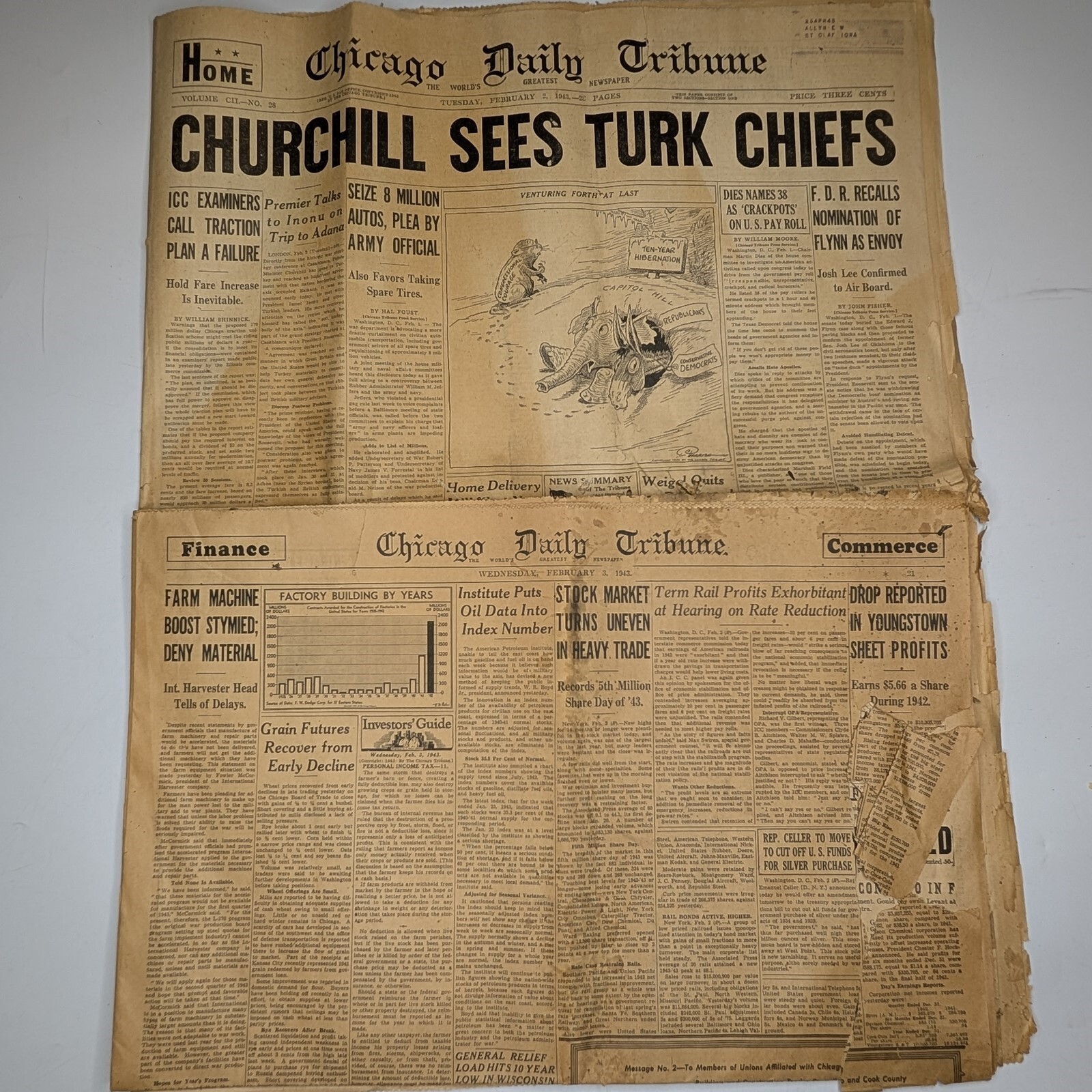 1943 Chicago Daily Tribune WWII Newspaper Lot Churchill Sees Turk Chiefs 2D
