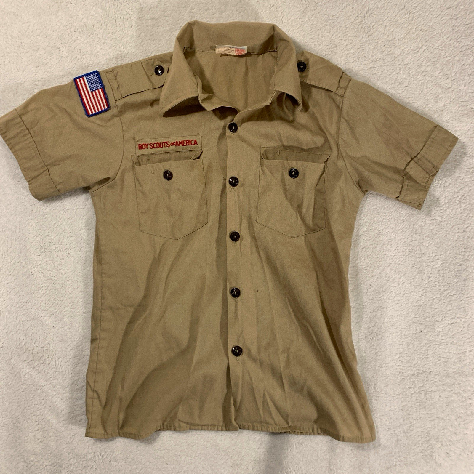 VTG 80s Boy Scout of America BSA Official Tan Short Sleeve Shirt Flag Patch 1983