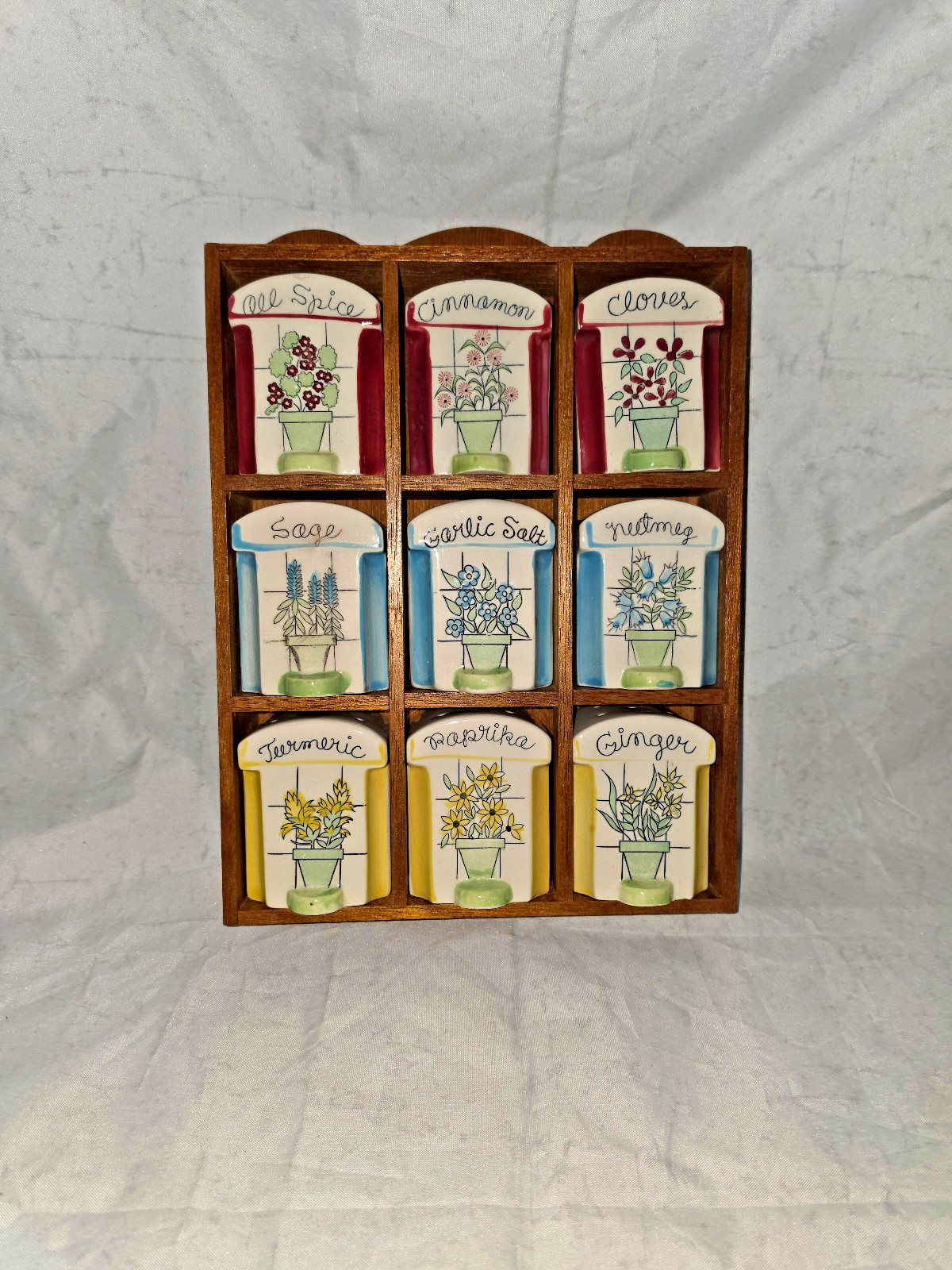 Vintage Spice Set 9 Piece with Wooden Rack  Excellent Condition 1950's Japan