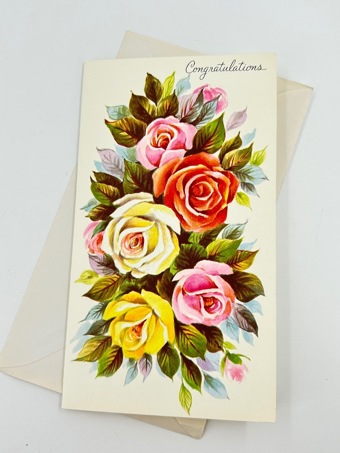 Vintage Congratulations Greeting Card Roses Bouquet 1950s 1960s USA Made