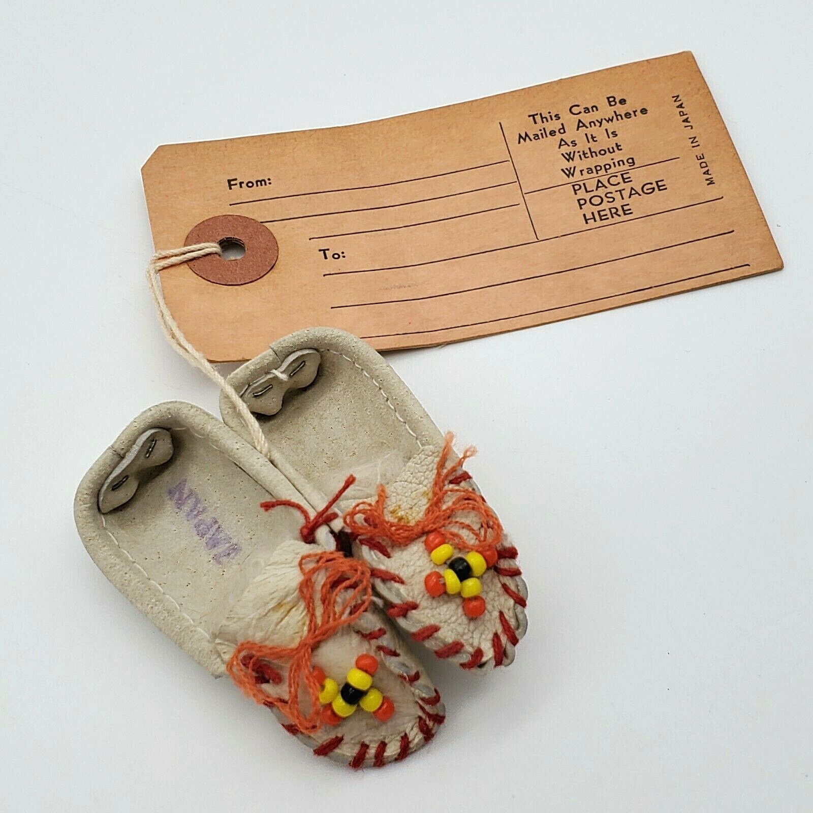  Beaded Moccasins Vintage  Miniature Souvenir Made In Japan Beige Orange VG Cond