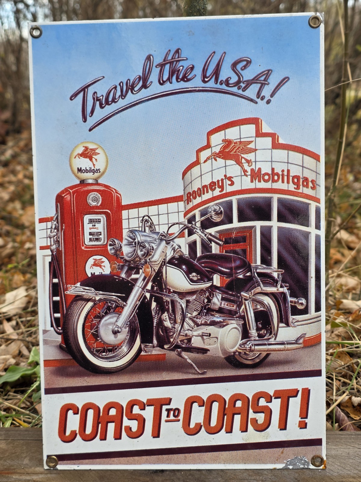 VINTAGE ROONEY'S MOBILGAS PORCELAIN SIGN TRAVEL THE U. S. MOBILGAS 12.5