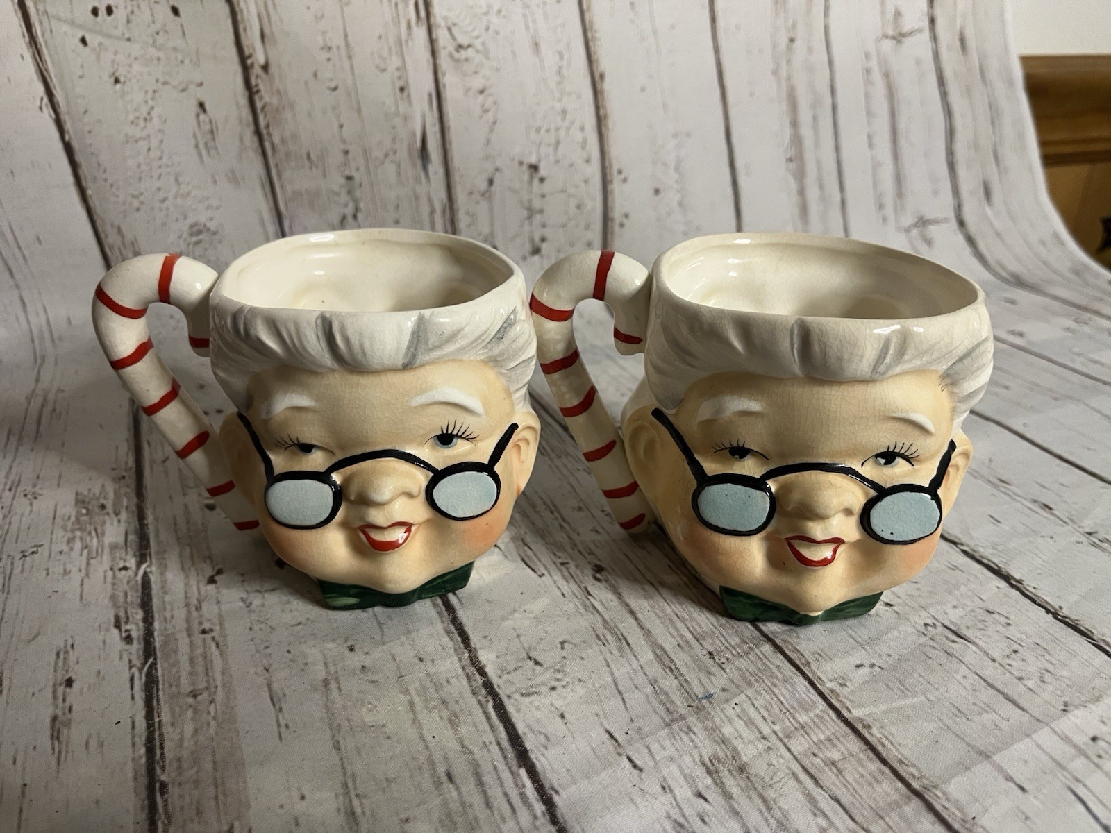 Vintage Lefton Double Faced 2 Sided Santa & Mrs. Claus Ceramic Mug Set Of 2